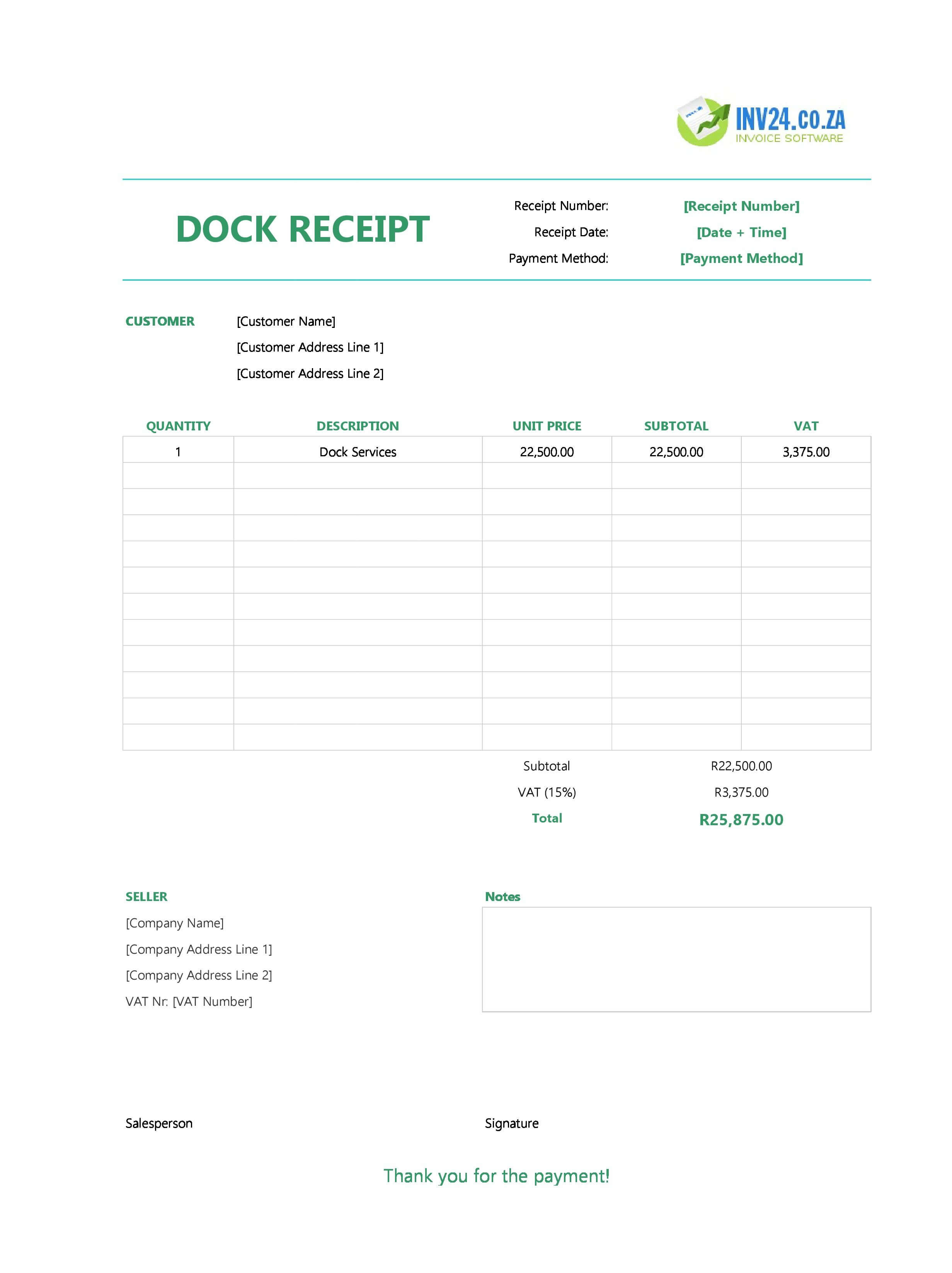 Dock Receipt Template for South Africa (Excel / Google Sheets)