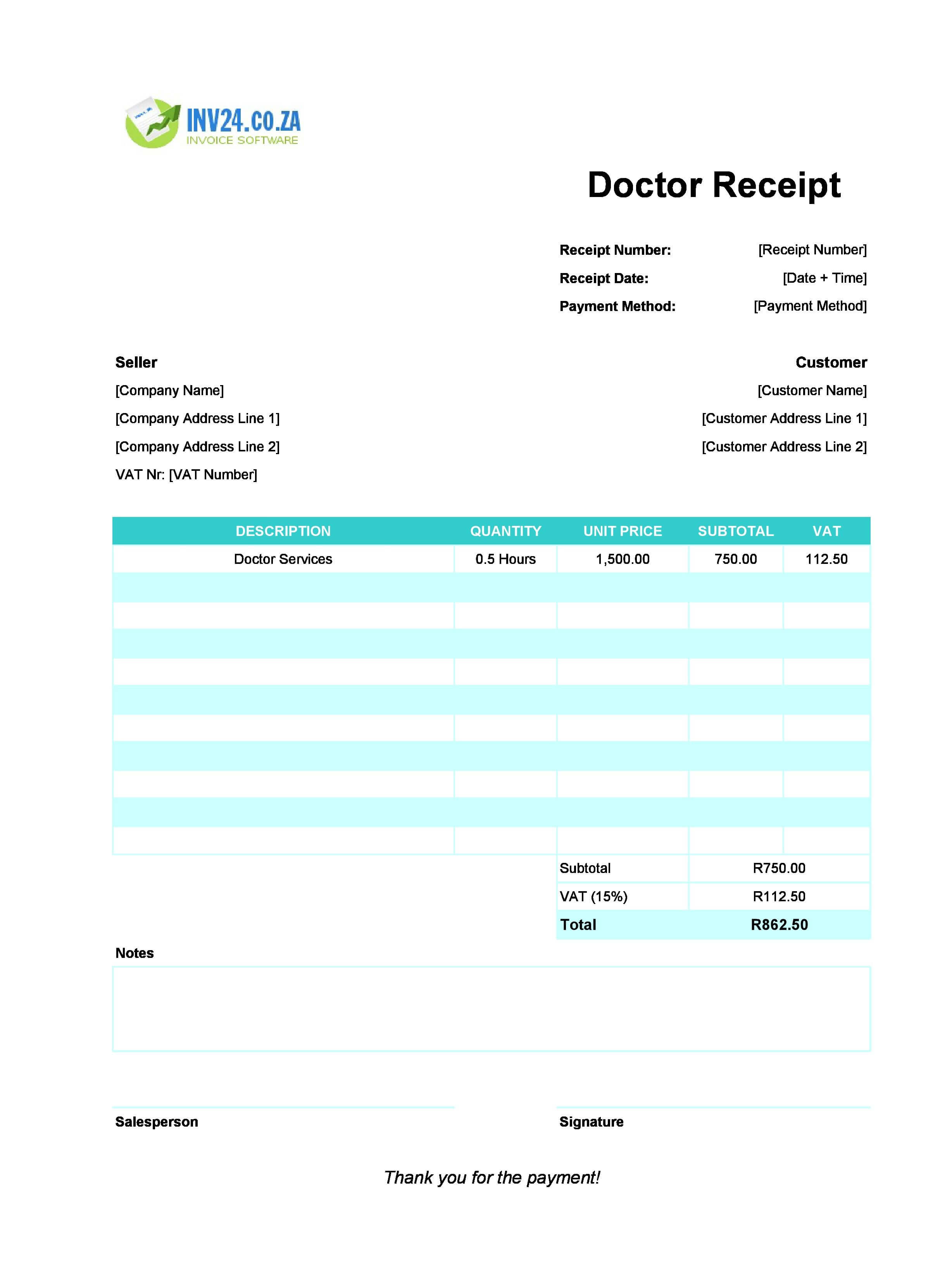 Doctor Receipt Template for South Africa (Excel / Google Sheets)