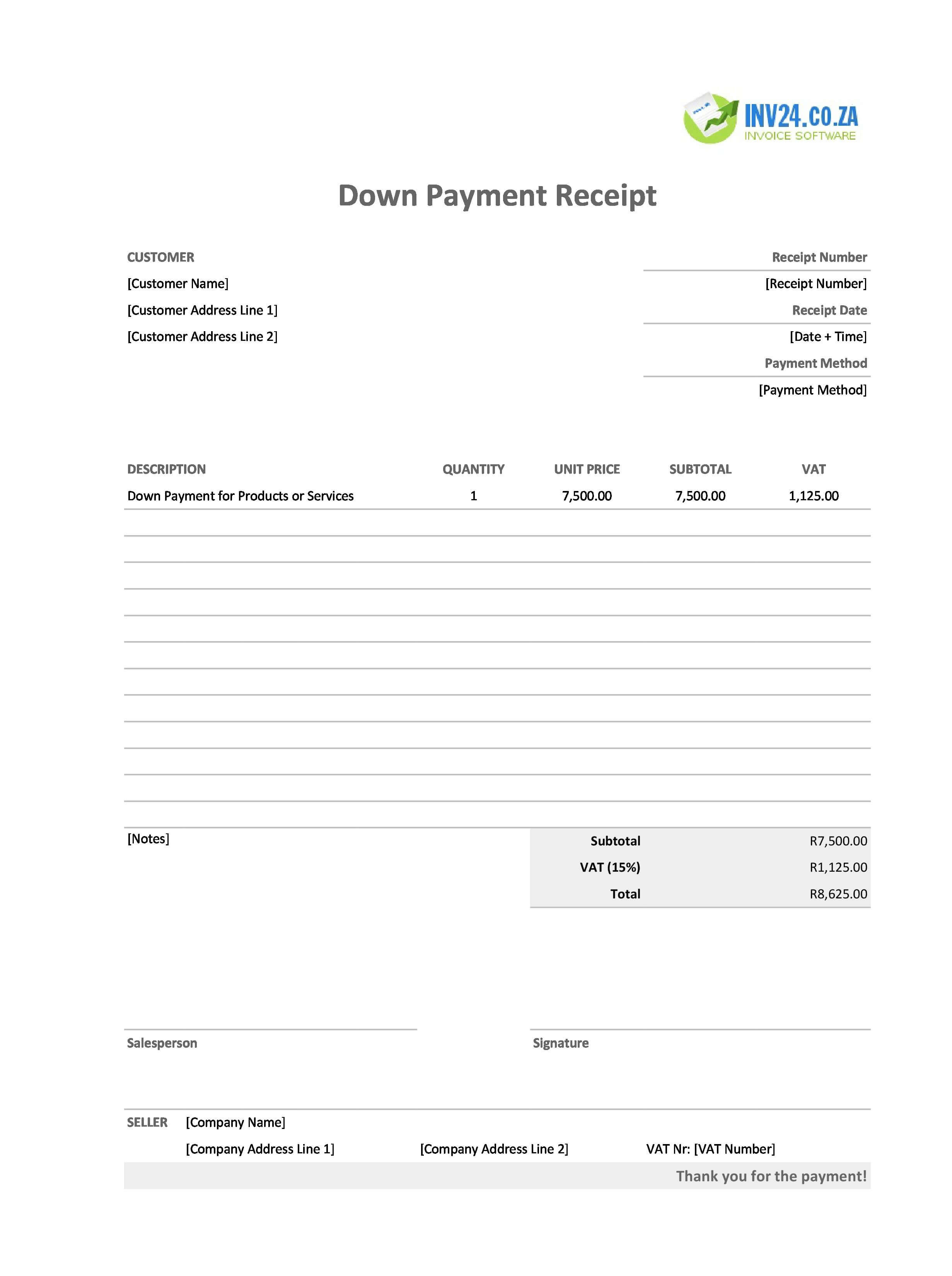 Down Payment Receipt Template for South Africa (Excel / Google Sheets)