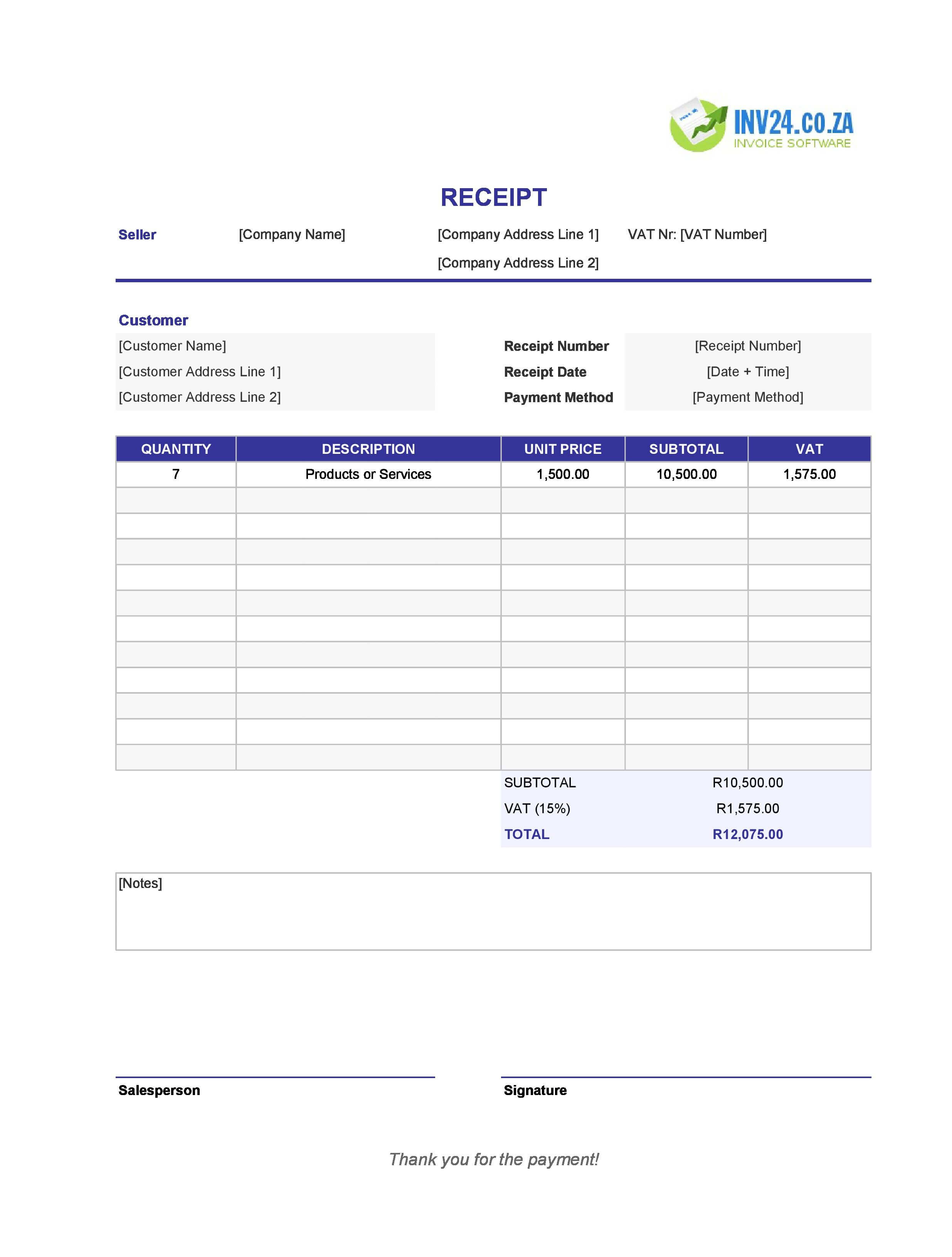 Downloadable Receipt Template for South Africa (Excel / Google Sheets)