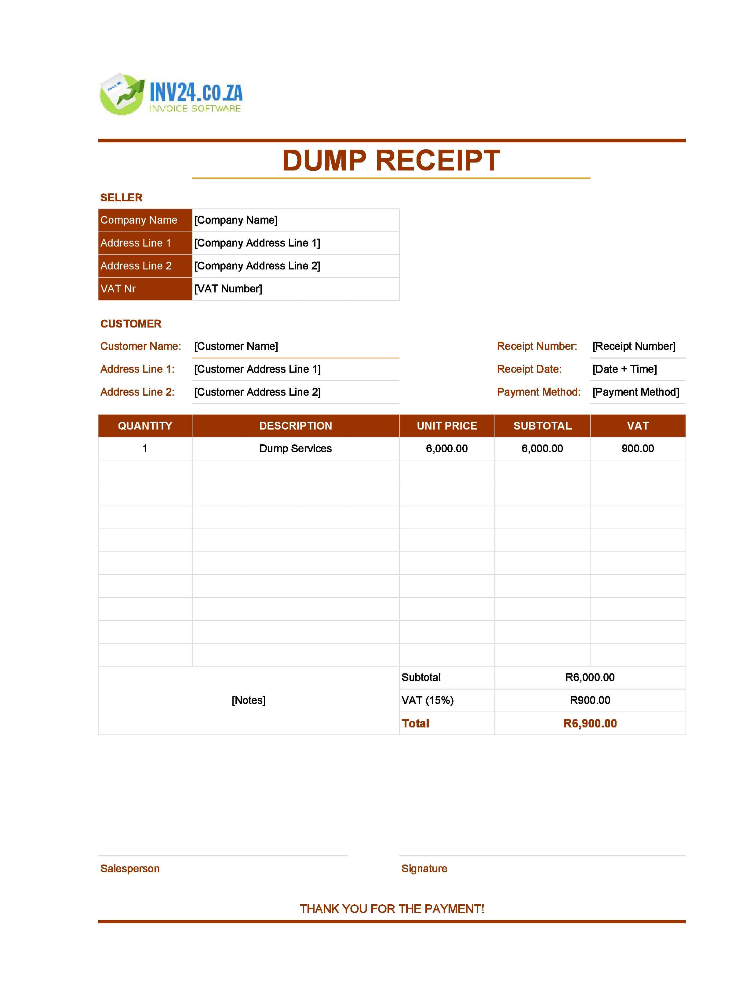 Dump Receipt Template for South Africa (Excel / Google Sheets)