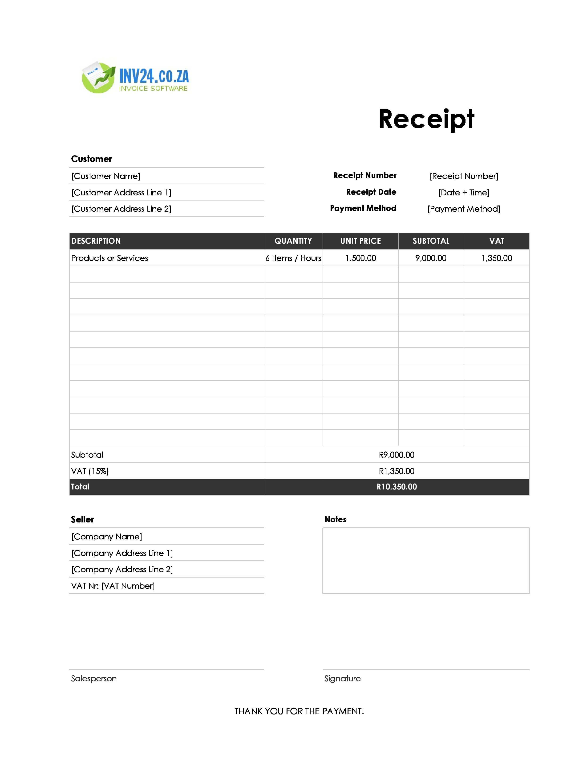 Easy Receipt Template for South Africa (Excel / Google Sheets)