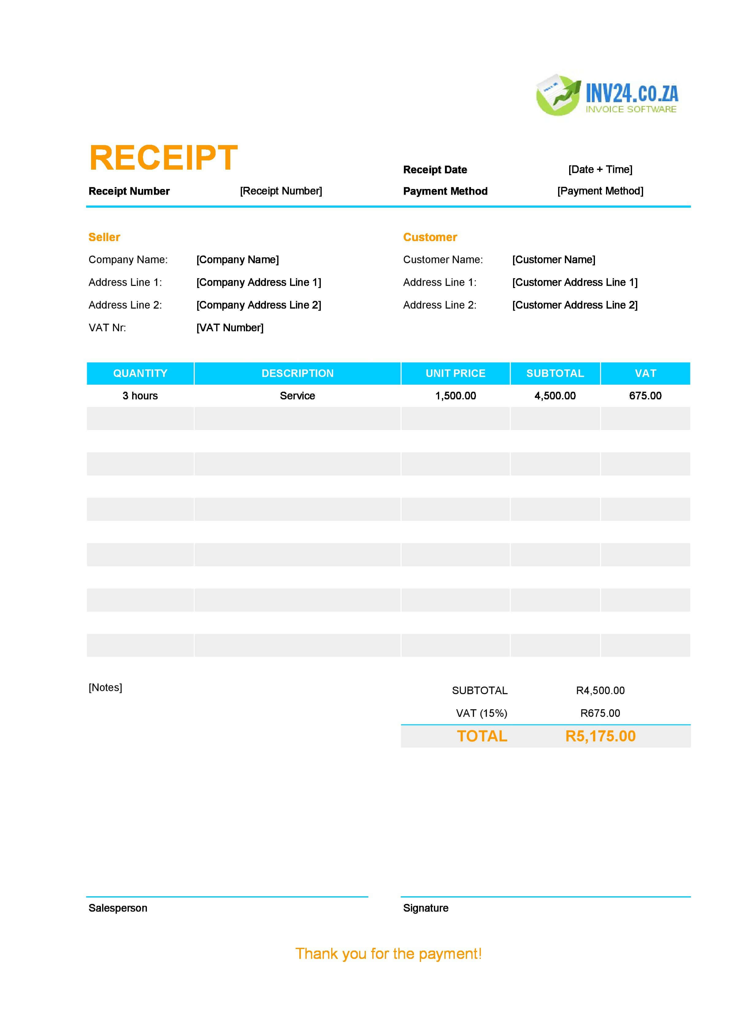 Editable Receipt Template for South Africa (Excel / Google Sheets)