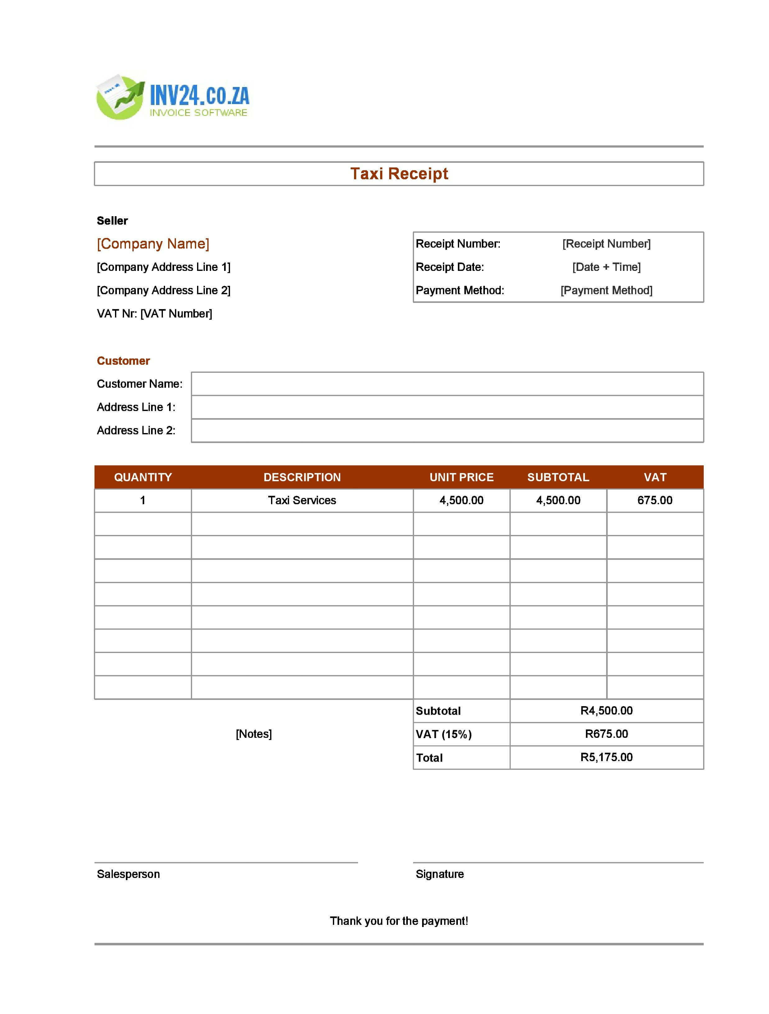 Editable Taxi Receipt Template for South Africa (Excel / Google Sheets)