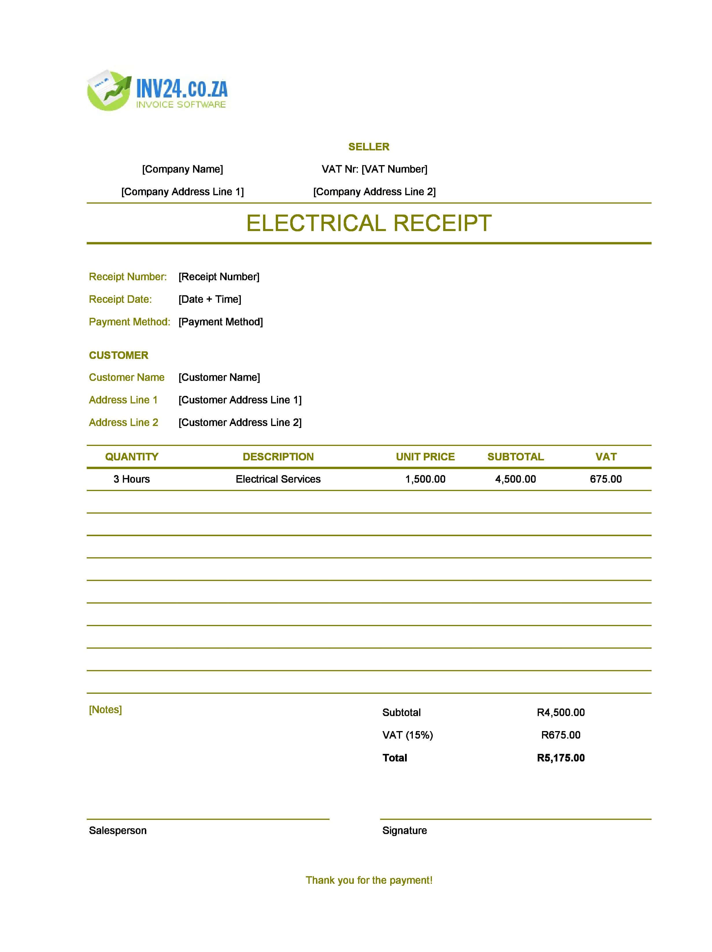Electrical Receipt Template for South Africa (Excel / Google Sheets)