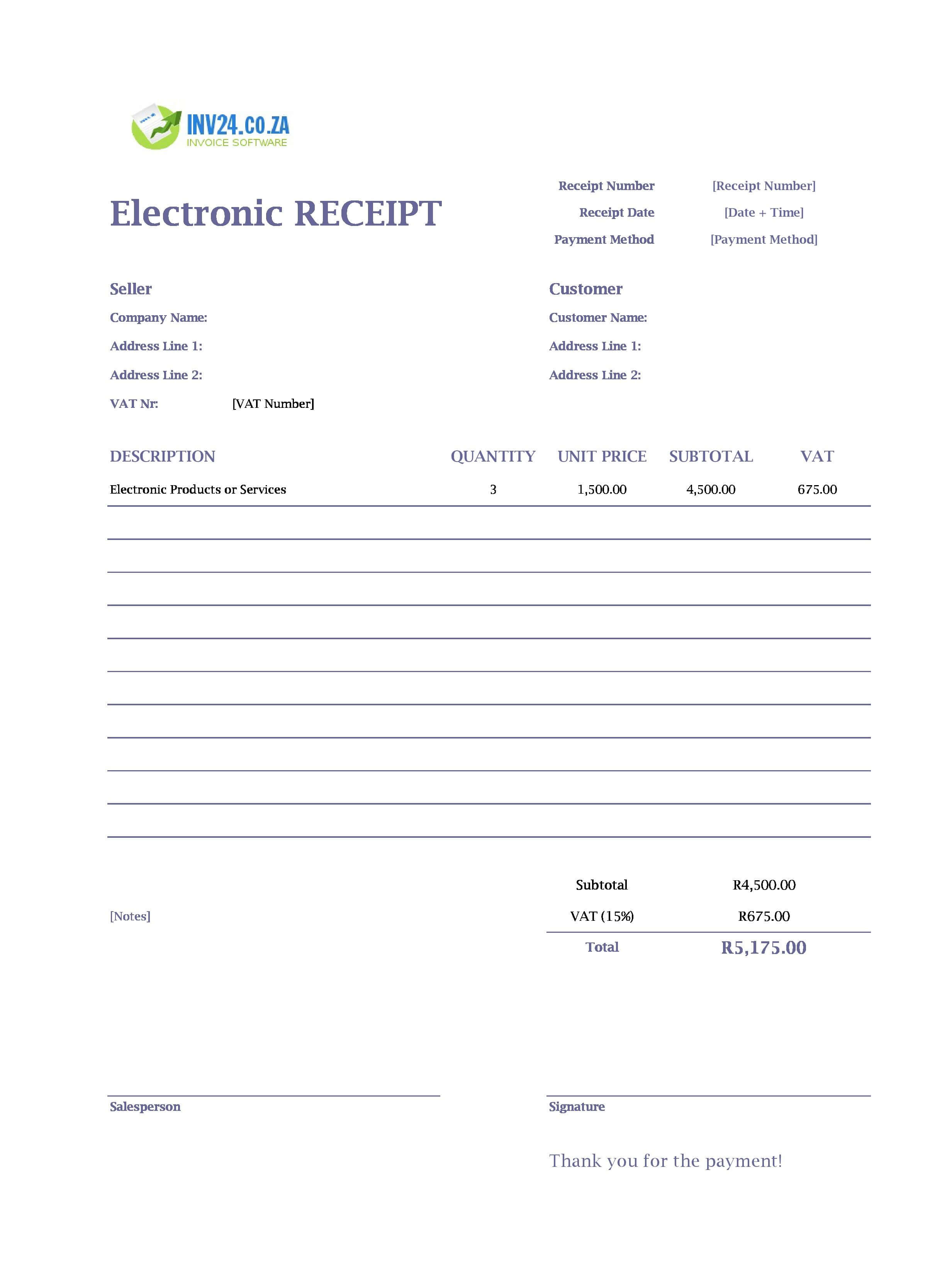 Electronic Receipt Template for South Africa (Excel / Google Sheets)
