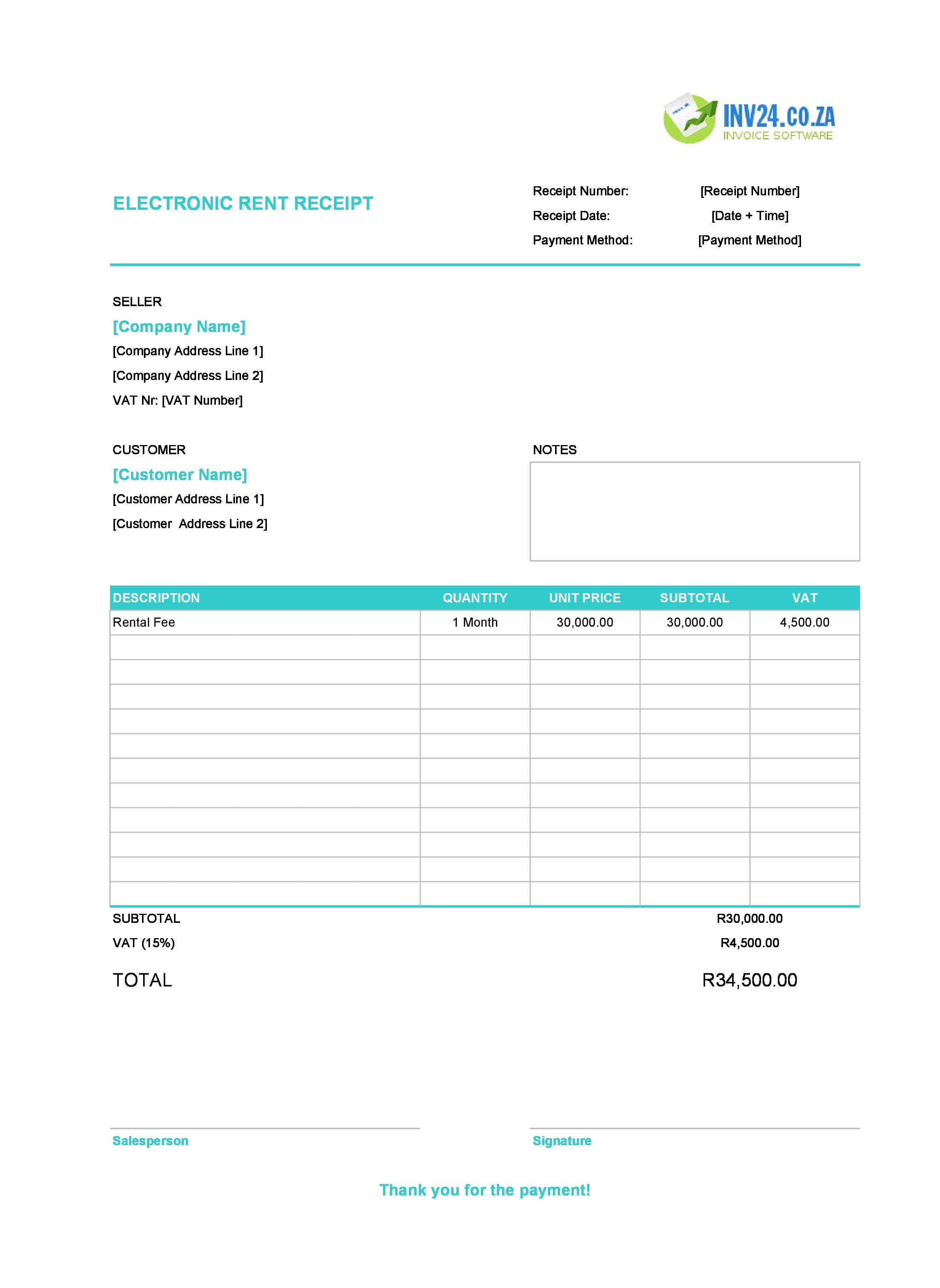 Electronic Rent Receipt Template for South Africa (Excel / Google Sheets)