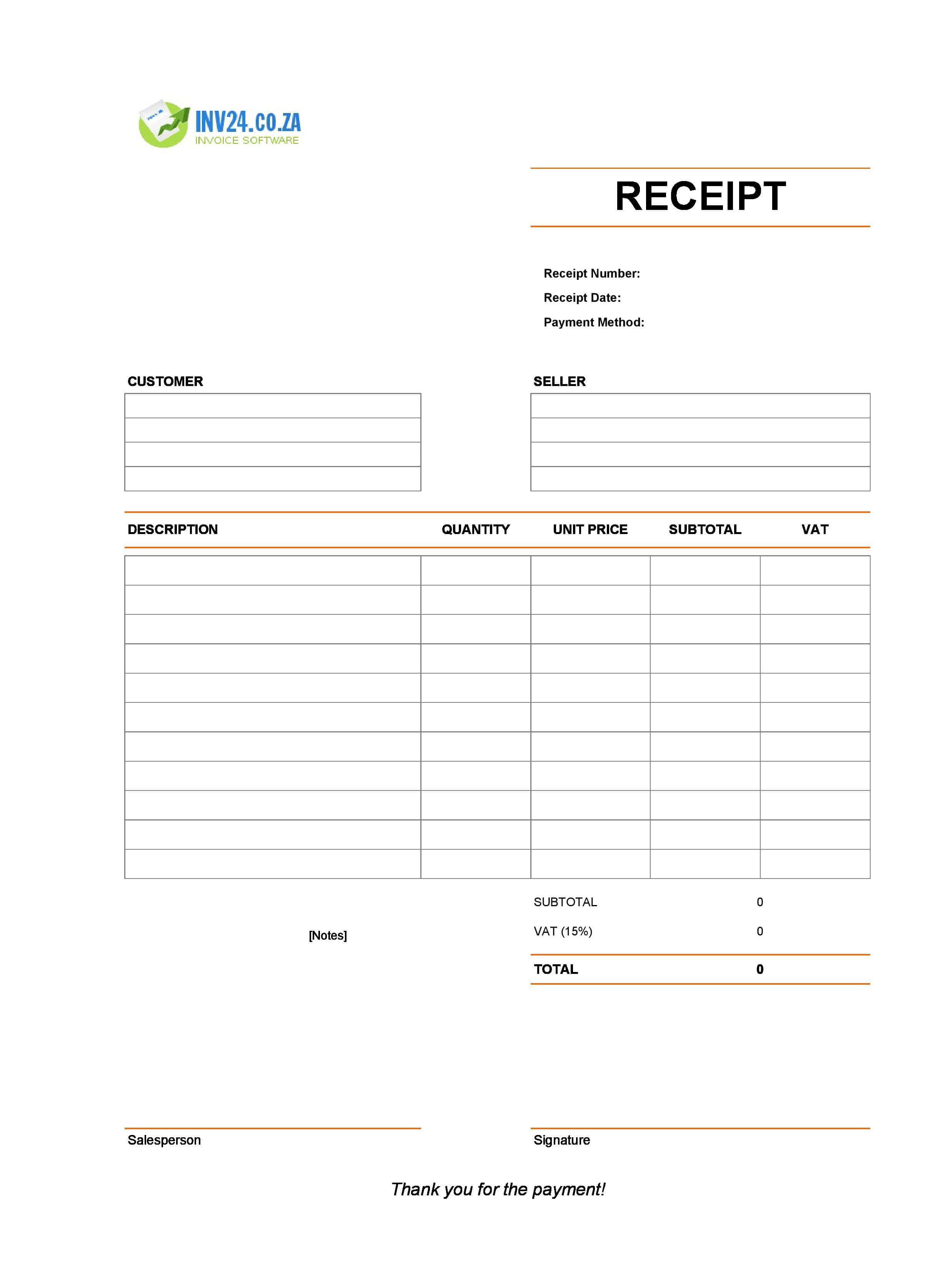 Empty Receipt Template for South Africa (Excel / Google Sheets)
