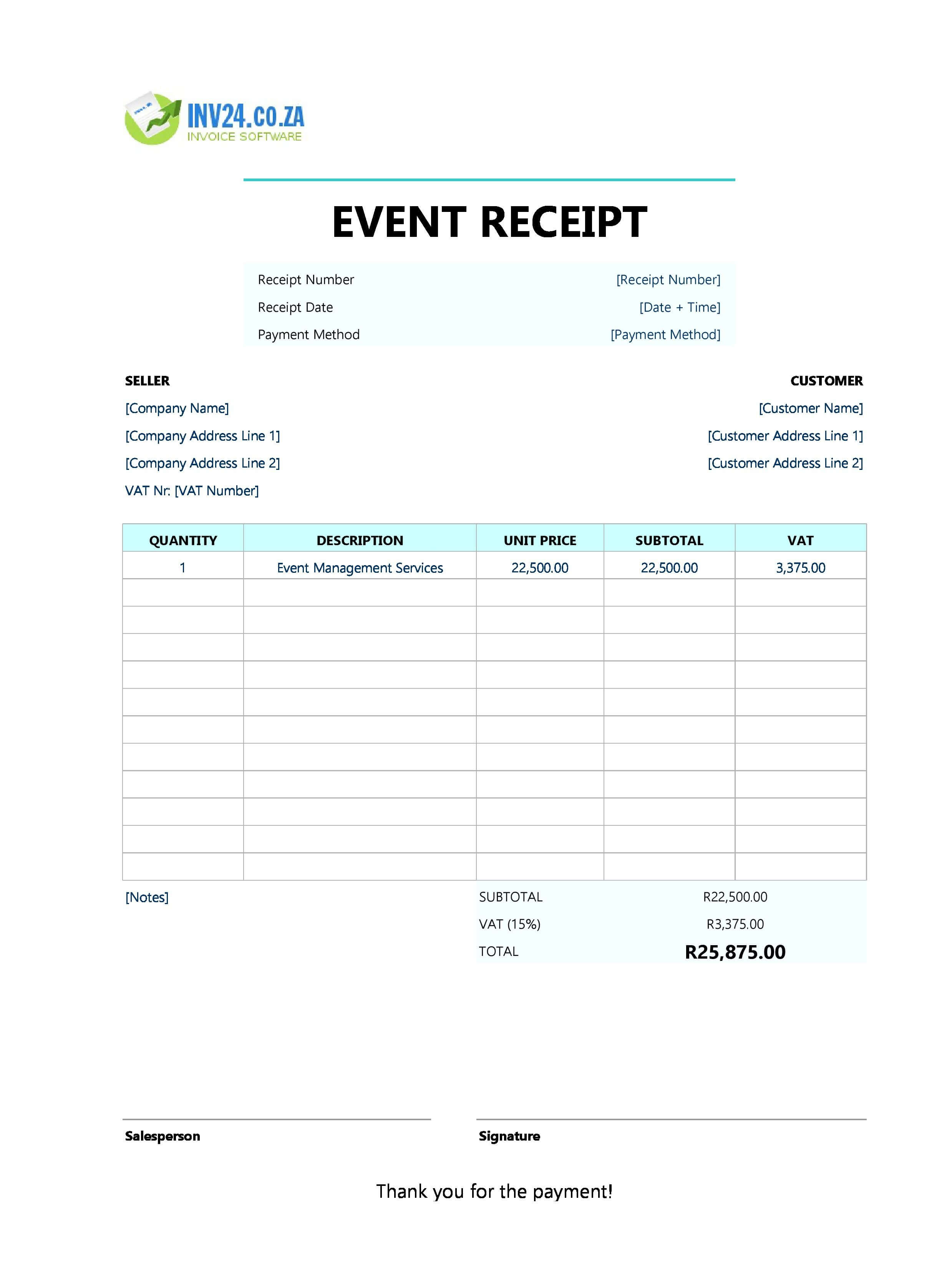 Event Receipt Template for South Africa (Excel / Google Sheets)