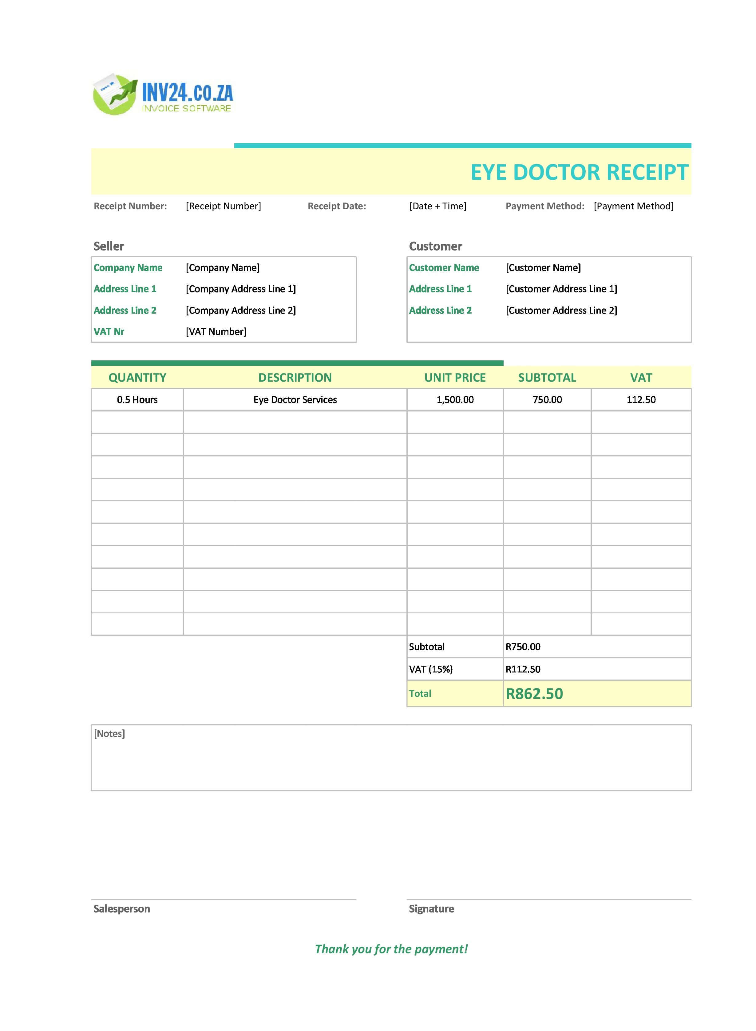 Eye Doctor Receipt Template for South Africa (Excel / Google Sheets)