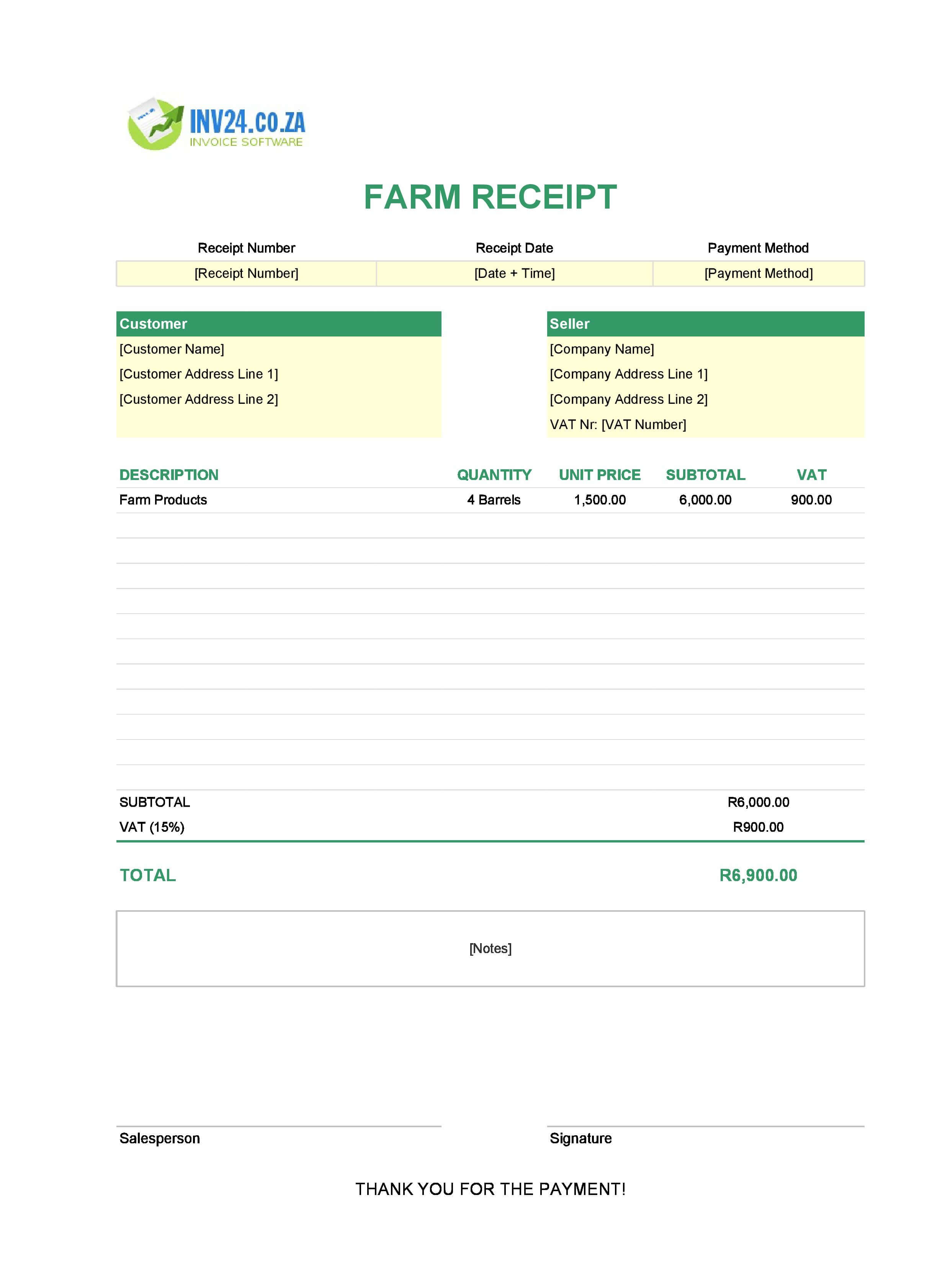 Farm Receipt Template for South Africa (Excel / Google Sheets)