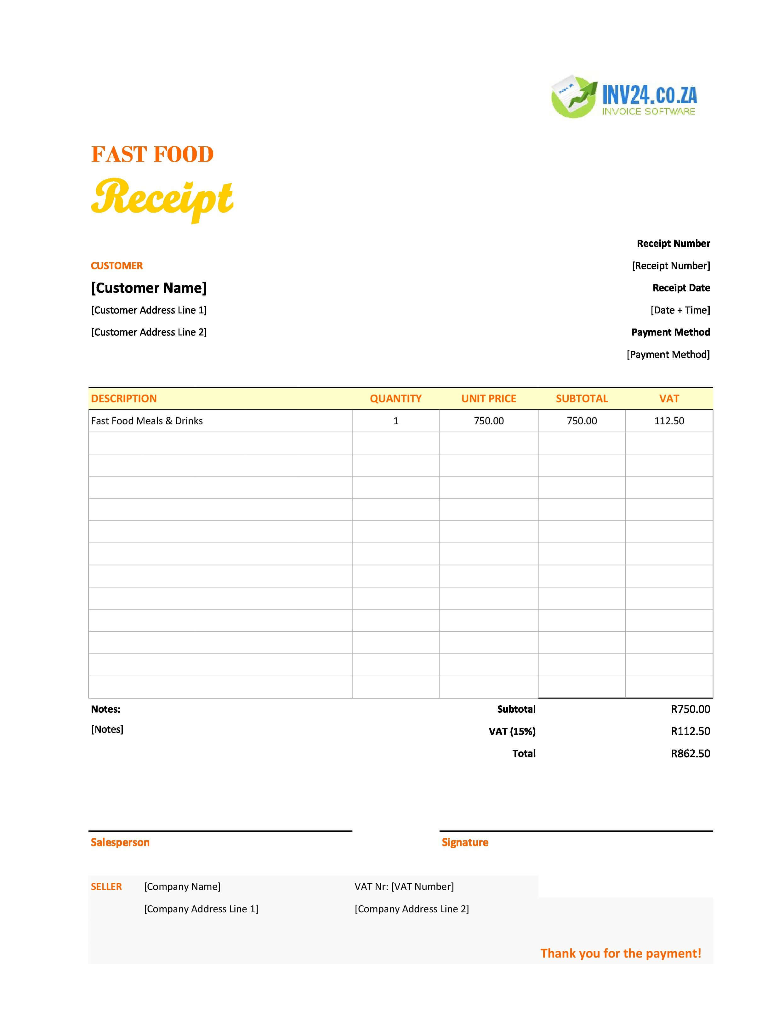 Fast Food Receipt Template for South Africa (Excel / Google Sheets)