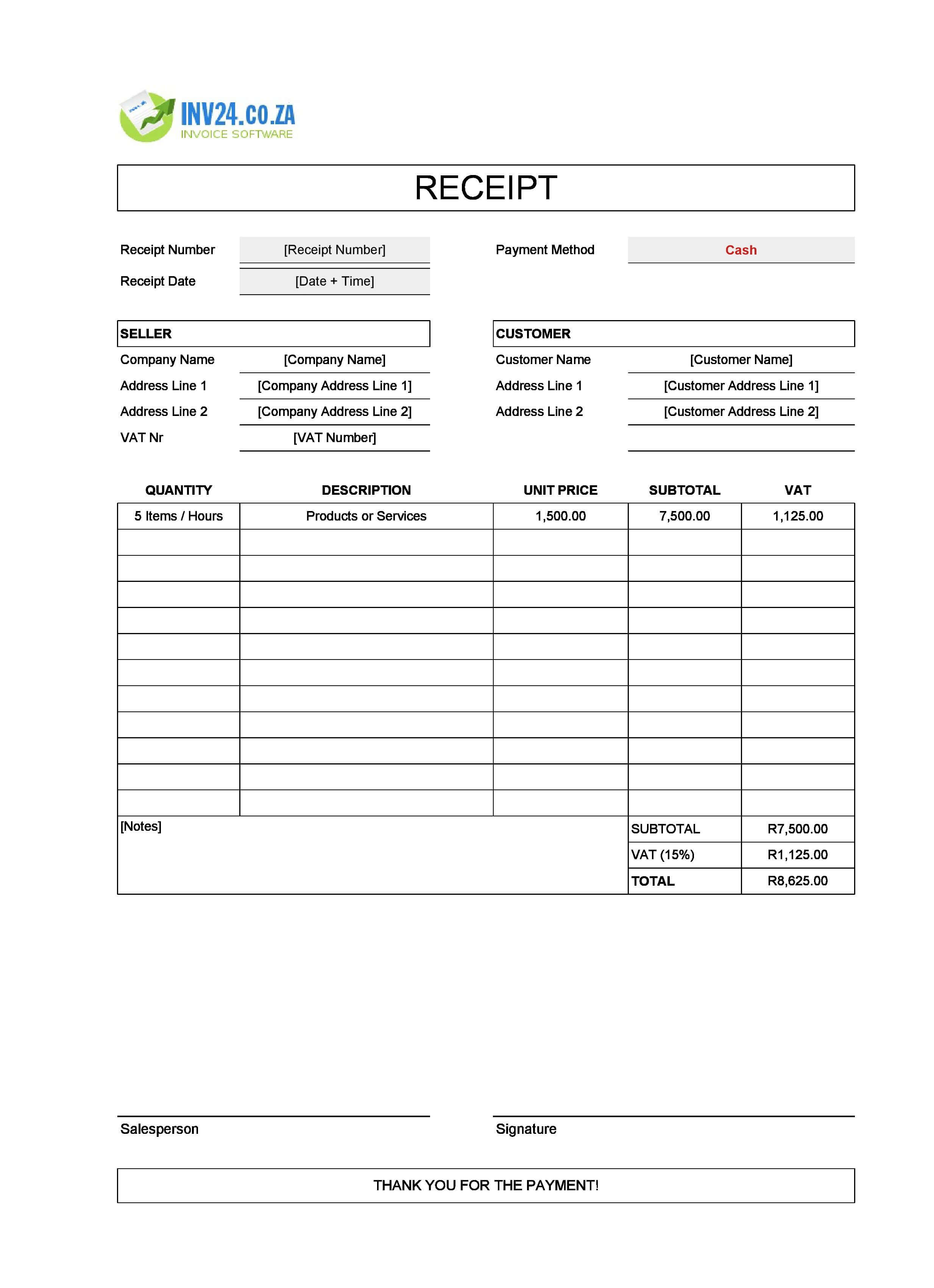 Fillable Cash Receipt Template for South Africa (Excel / Google Sheets)