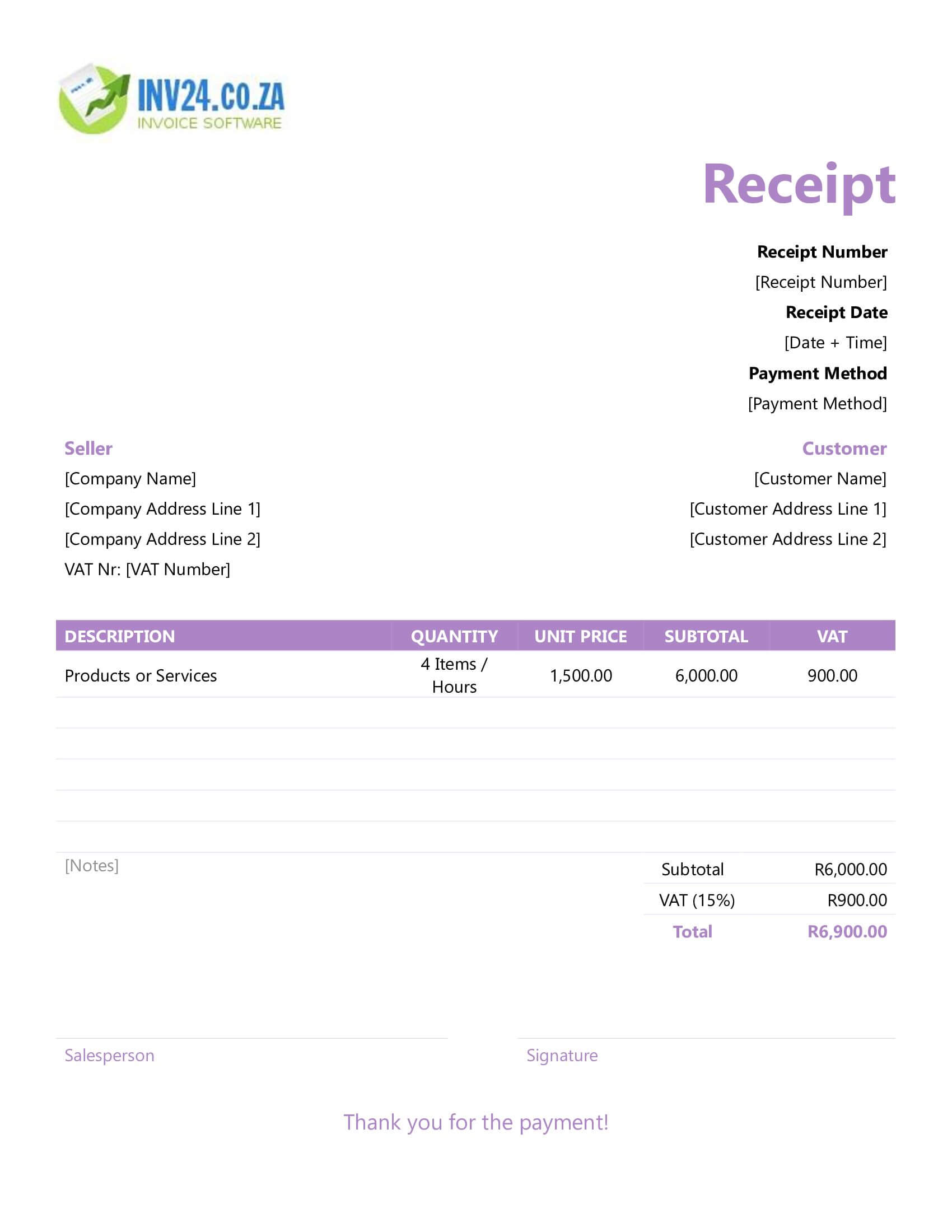 Fillable Receipt Template for South Africa (Word / Google Docs)