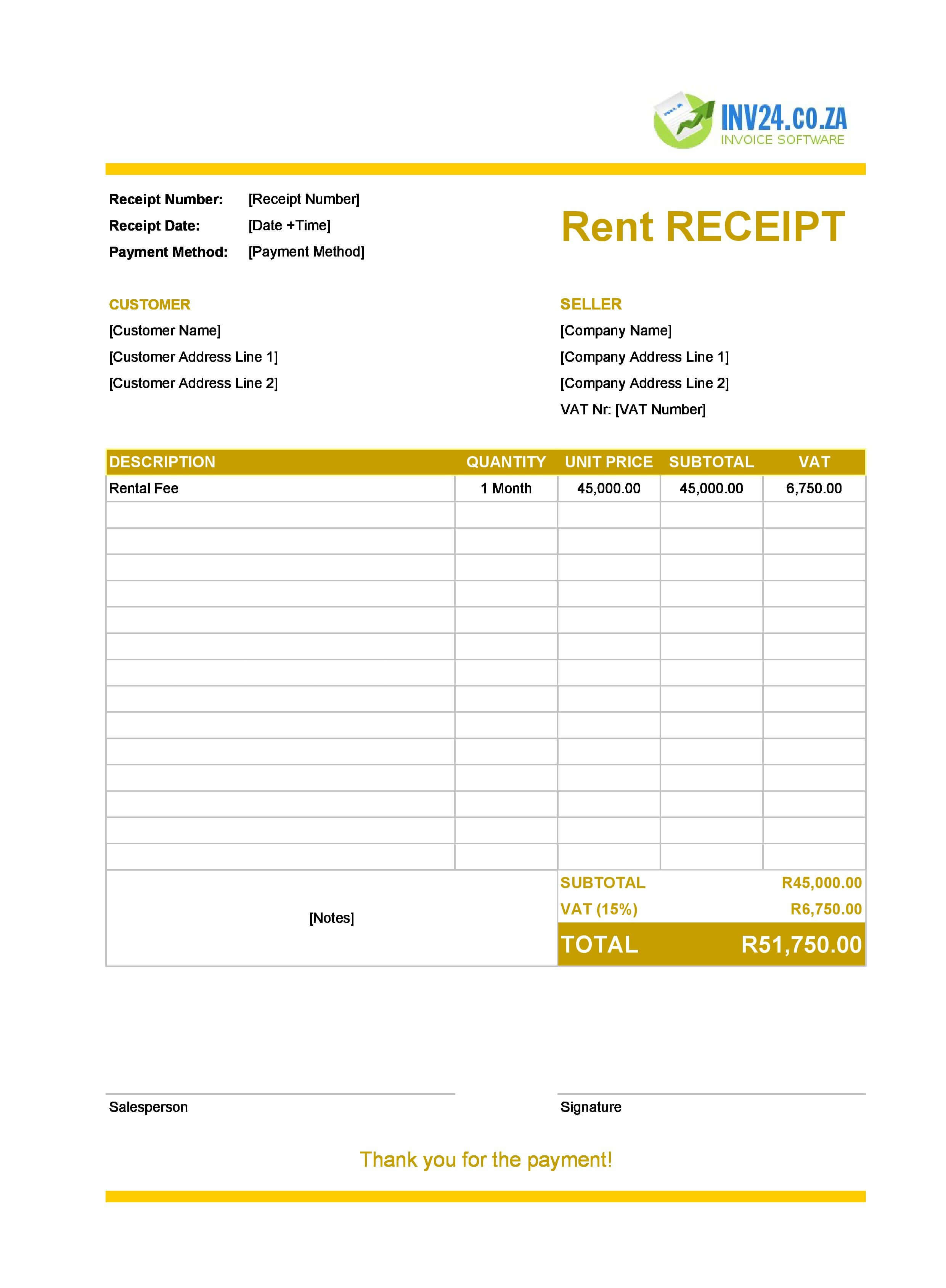Fillable Rent Receipt Template for South Africa (Excel / Google Sheets)