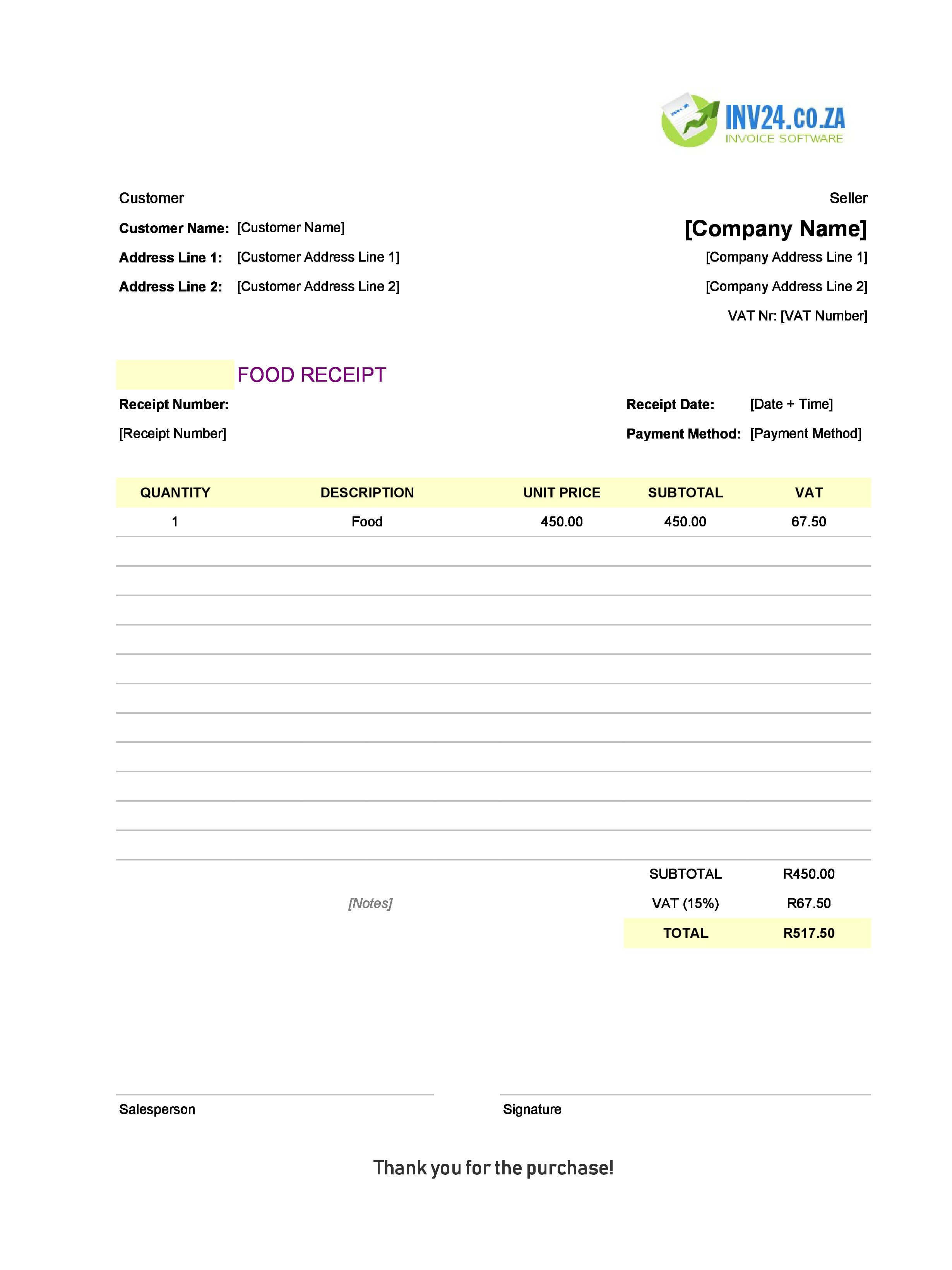 Food Receipt Template for South Africa (Excel / Google Sheets)