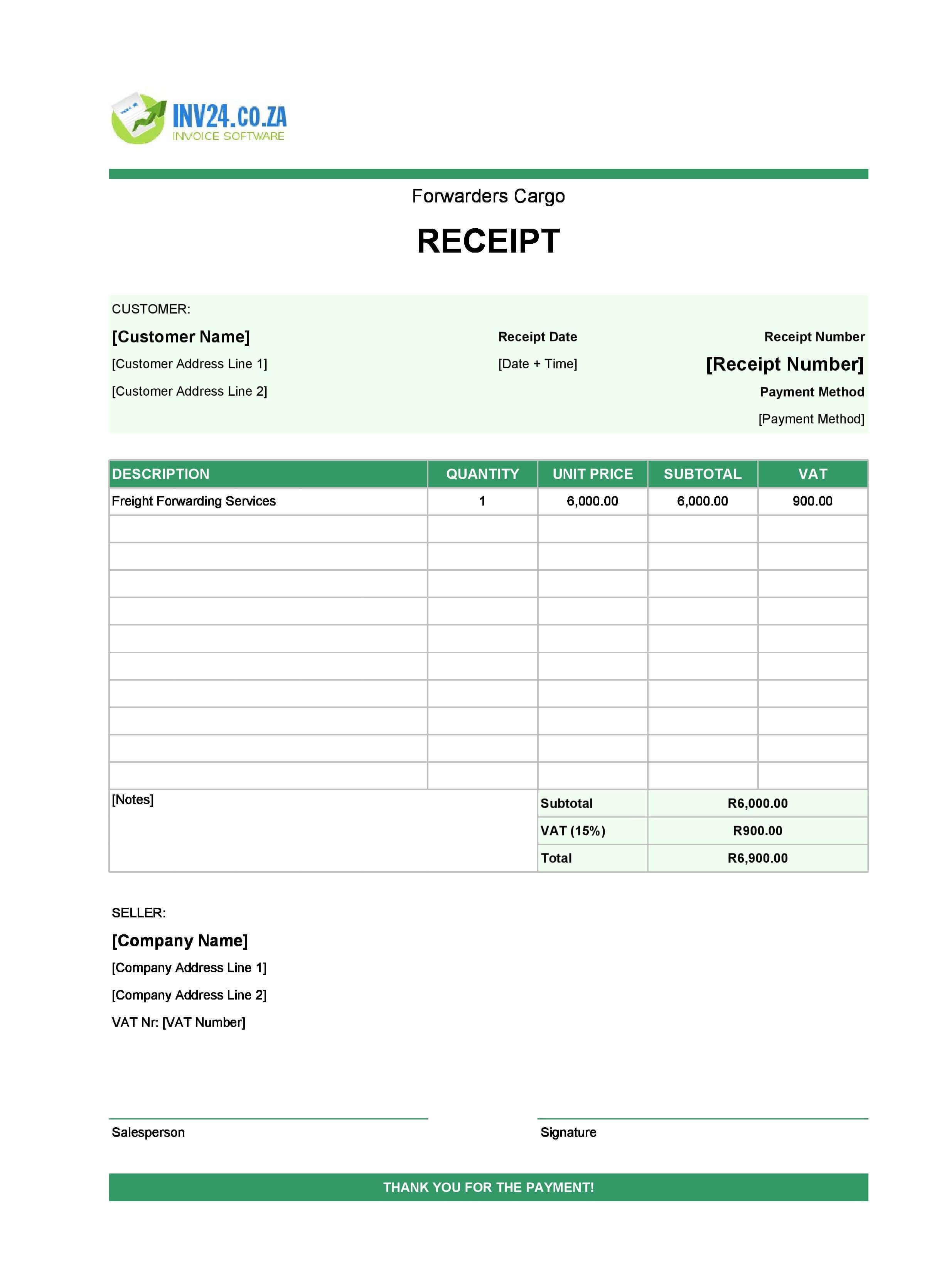 Forwarders Cargo Receipt Template for South Africa (Excel / Google Sheets)