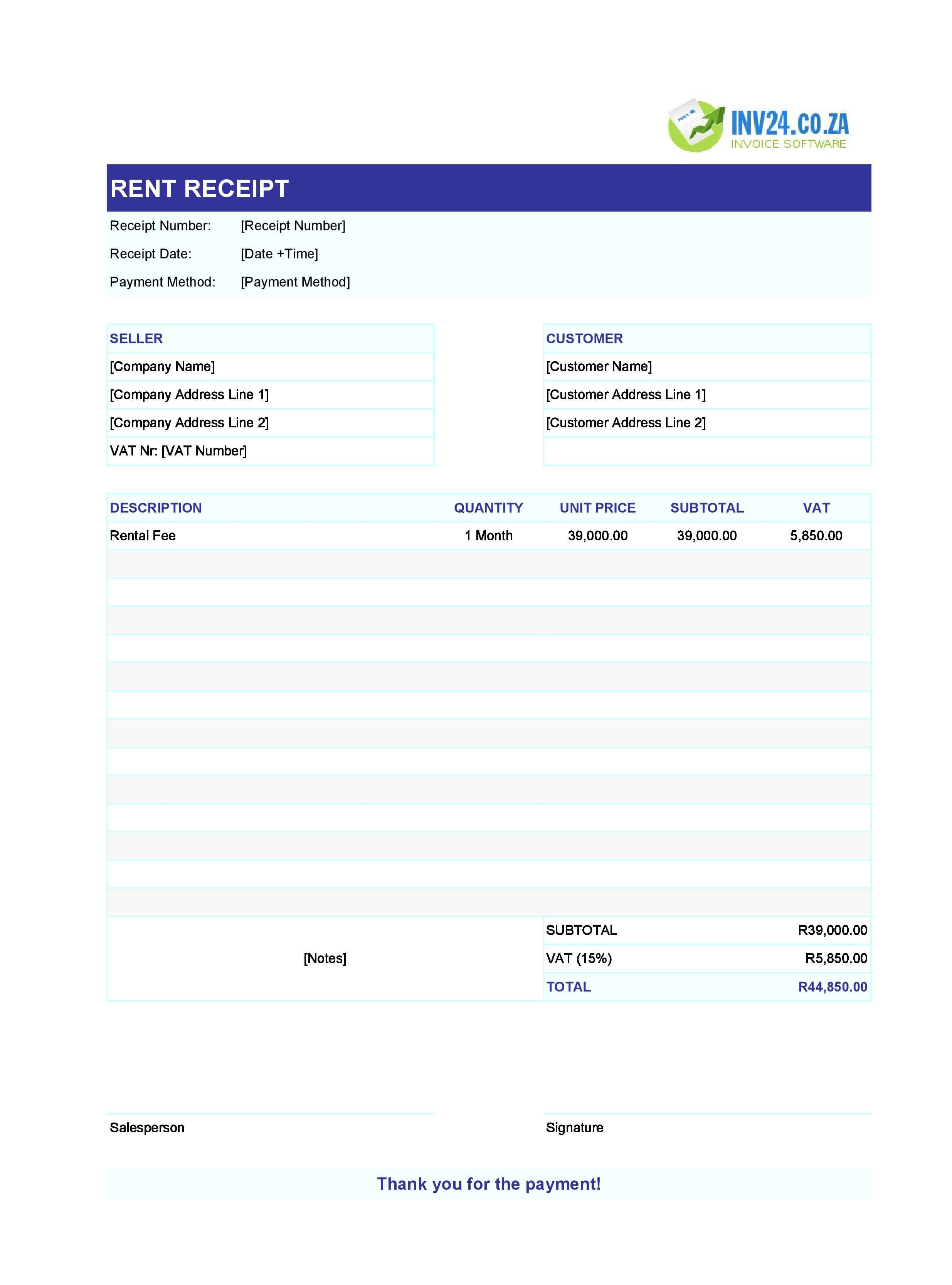 Free Rent Receipt Template for South Africa (Excel / Google Sheets)