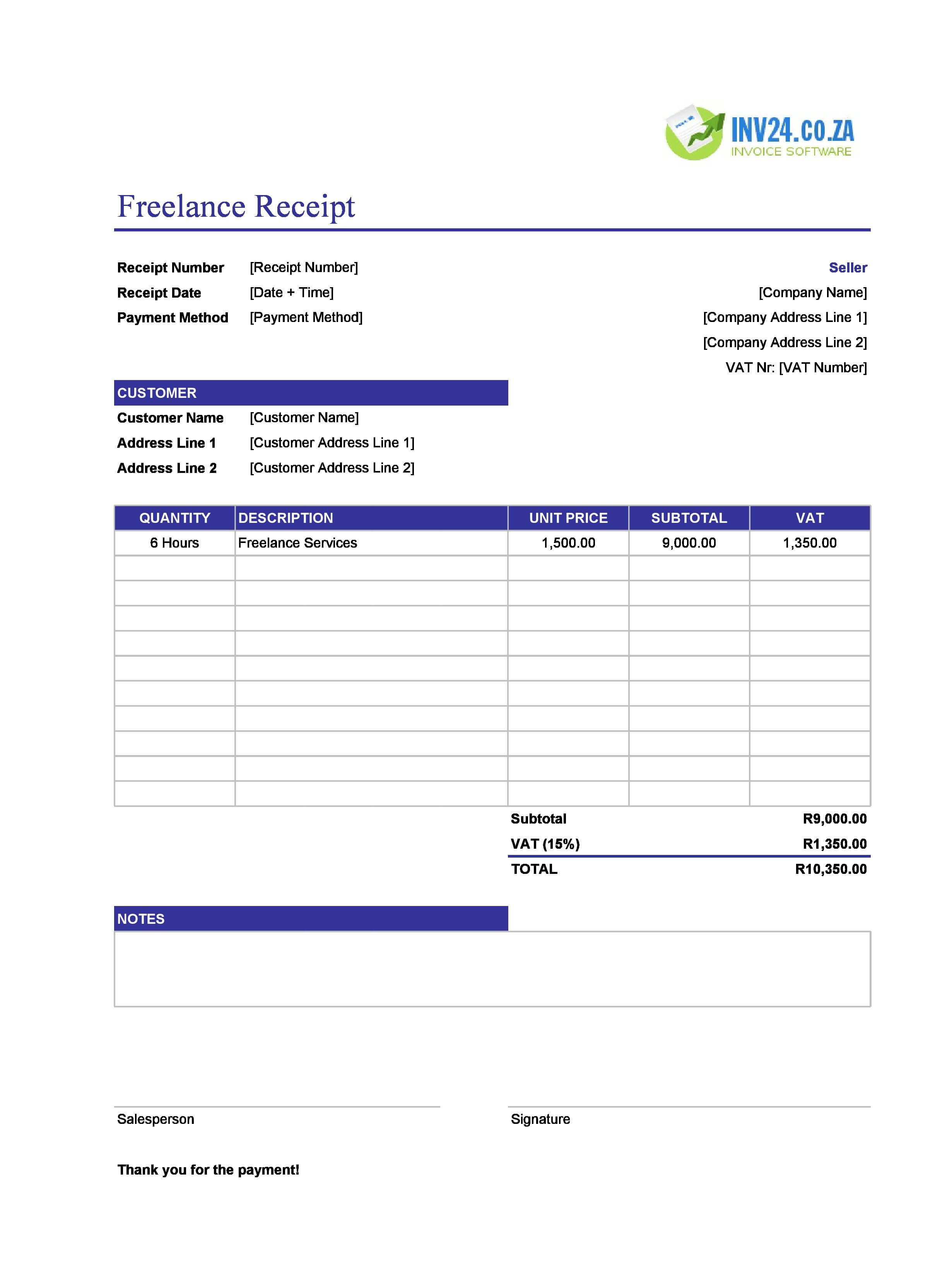 Freelance Receipt Template for South Africa (Excel / Google Sheets)