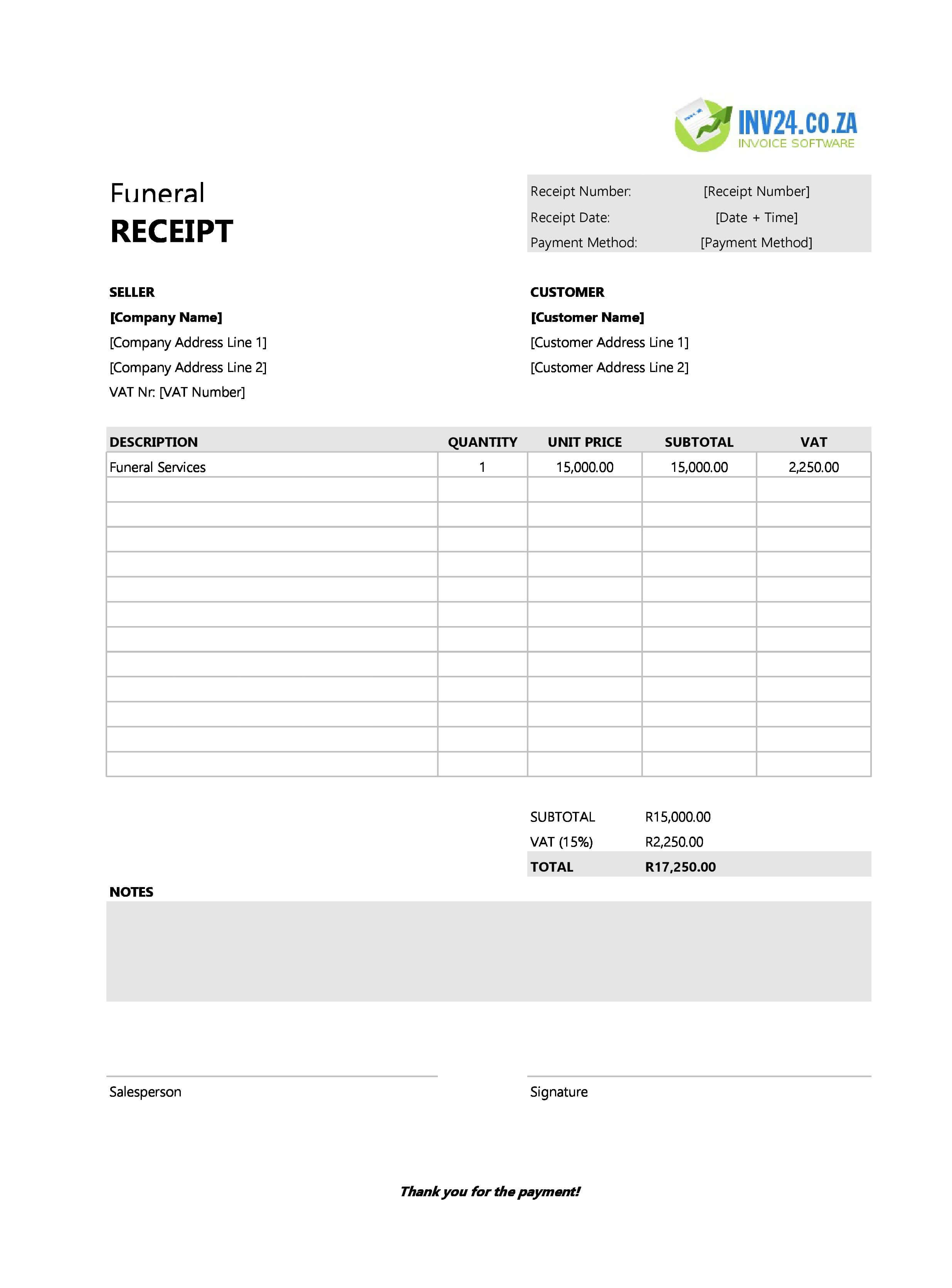 Funeral Receipt Template for South Africa (Excel / Google Sheets)