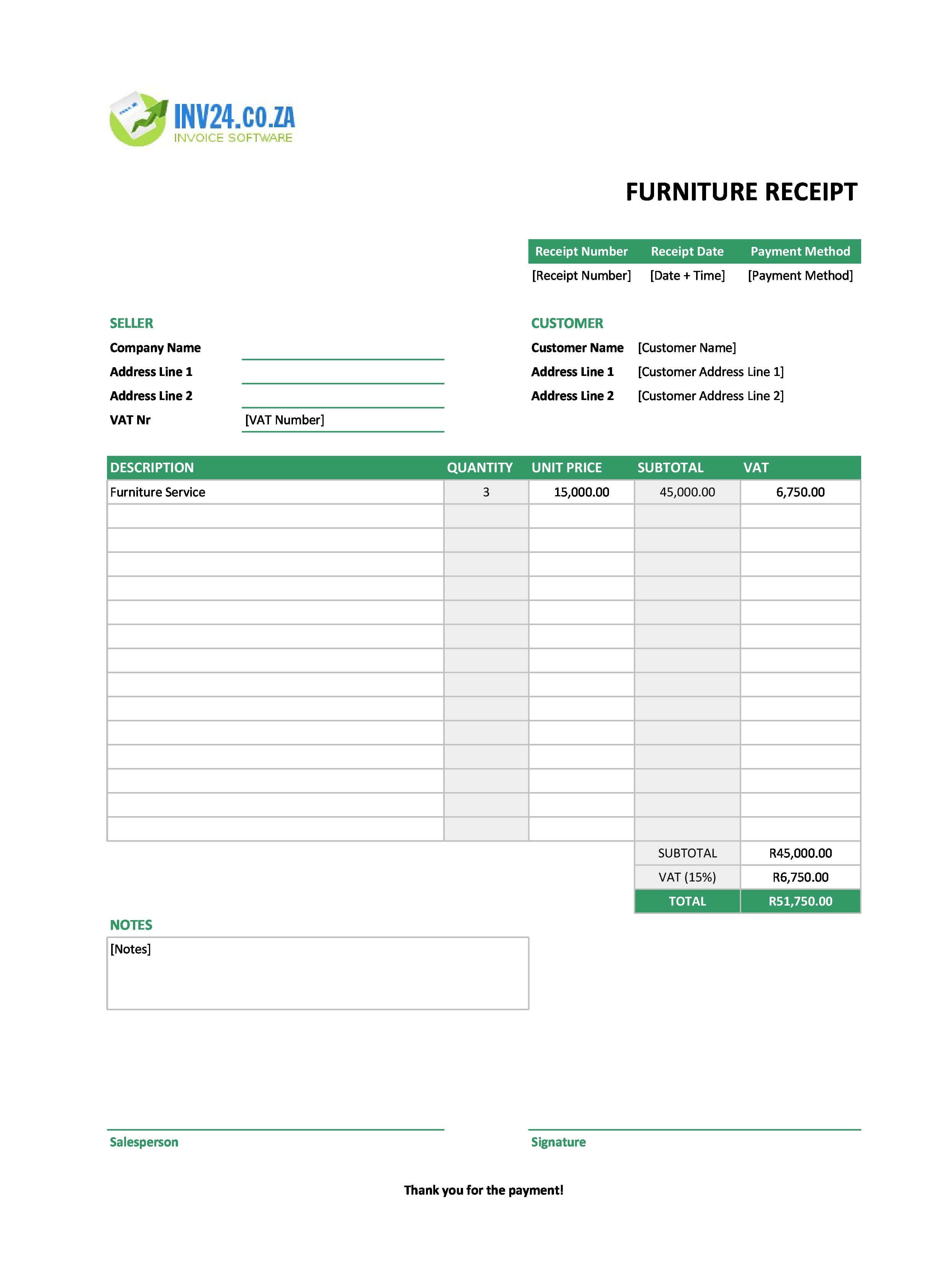 Furniture Receipt Template for South Africa (Excel / Google Sheets)
