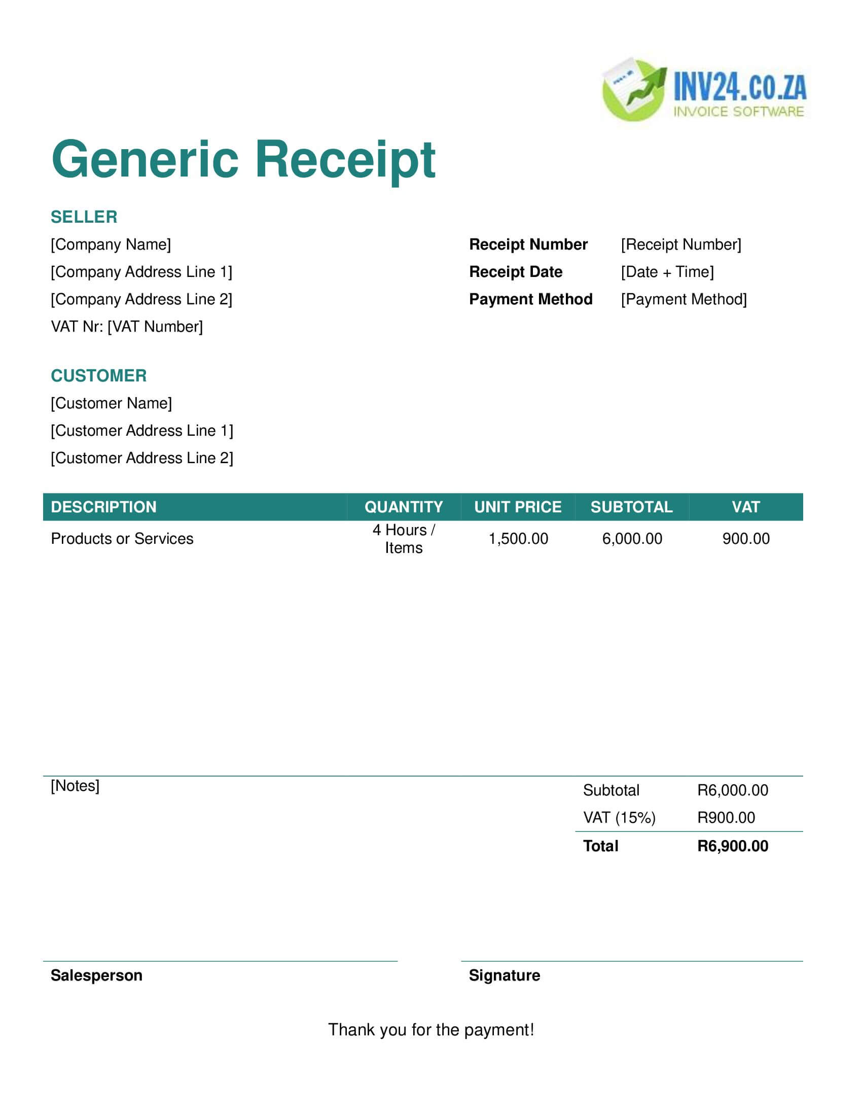 Generic Receipt Template for South Africa (Word / Google Docs)