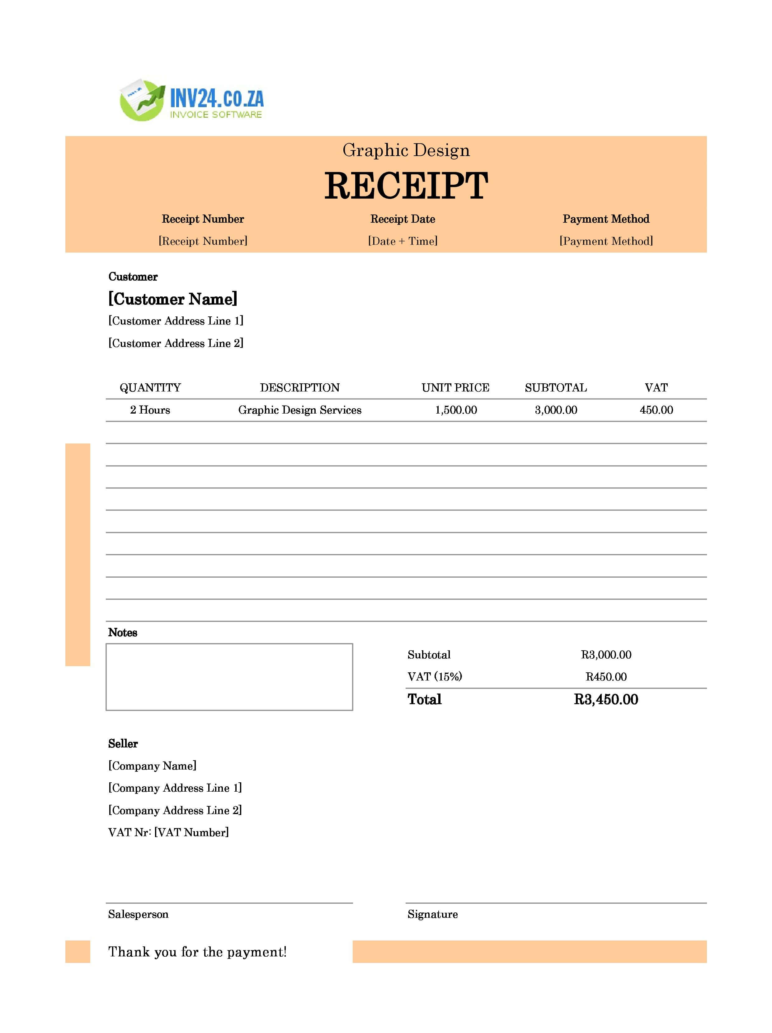 Graphic Design Receipt Template for South Africa (Excel / Google Sheets)