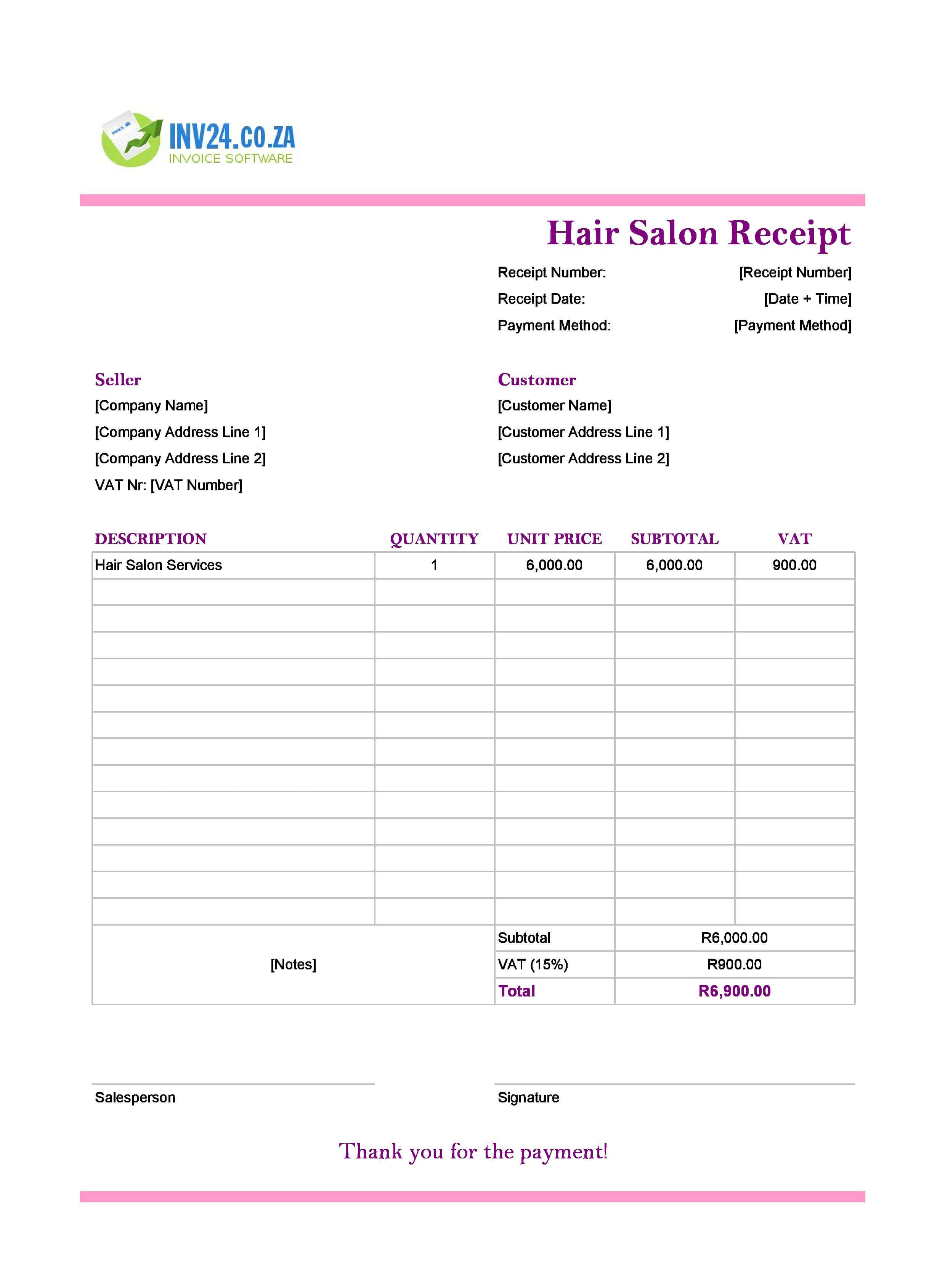 Hair Salon Receipt Template for South Africa (Excel / Google Sheets)