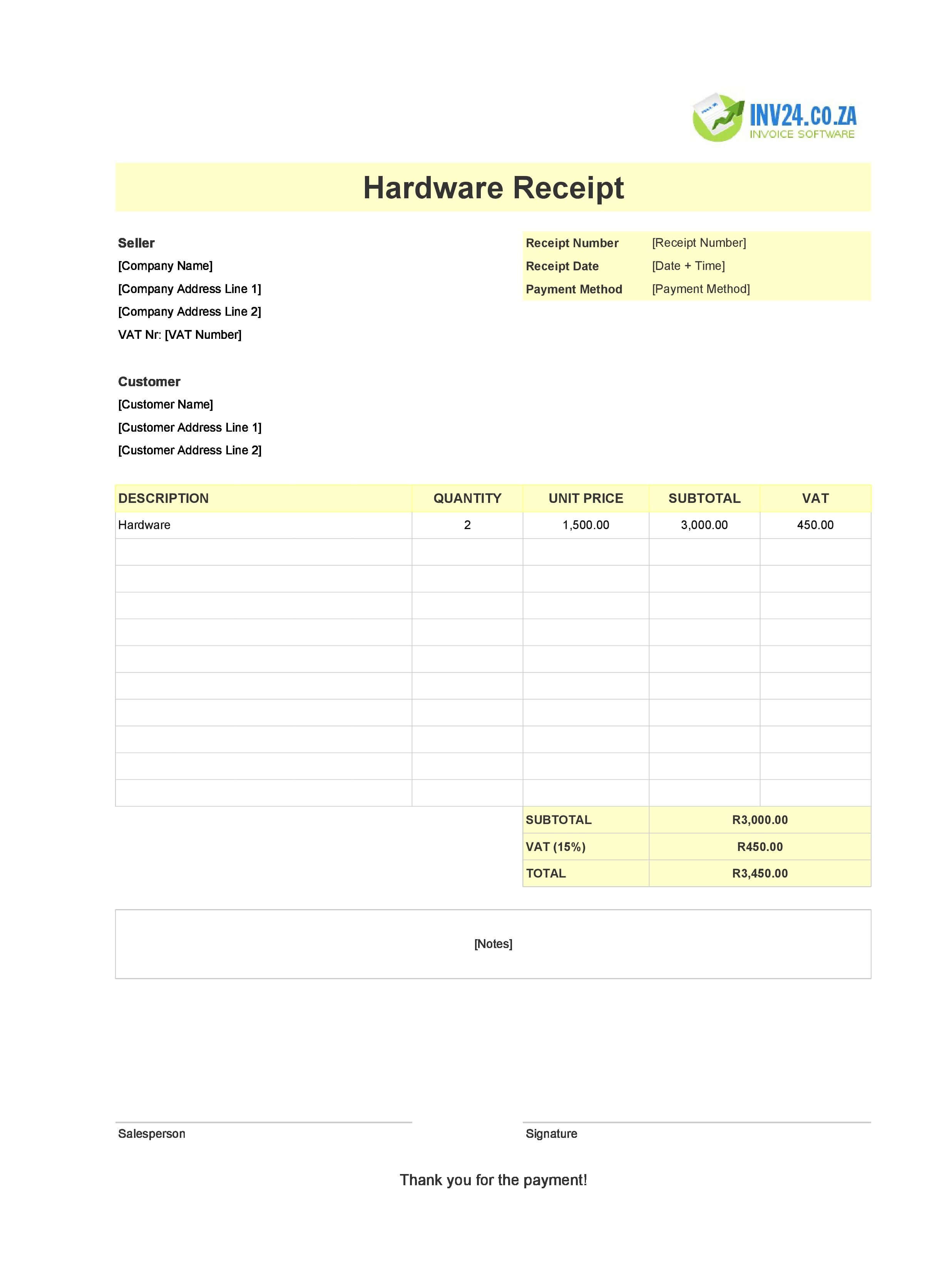 Hardware Receipt Template for South Africa (Excel / Google Sheets)