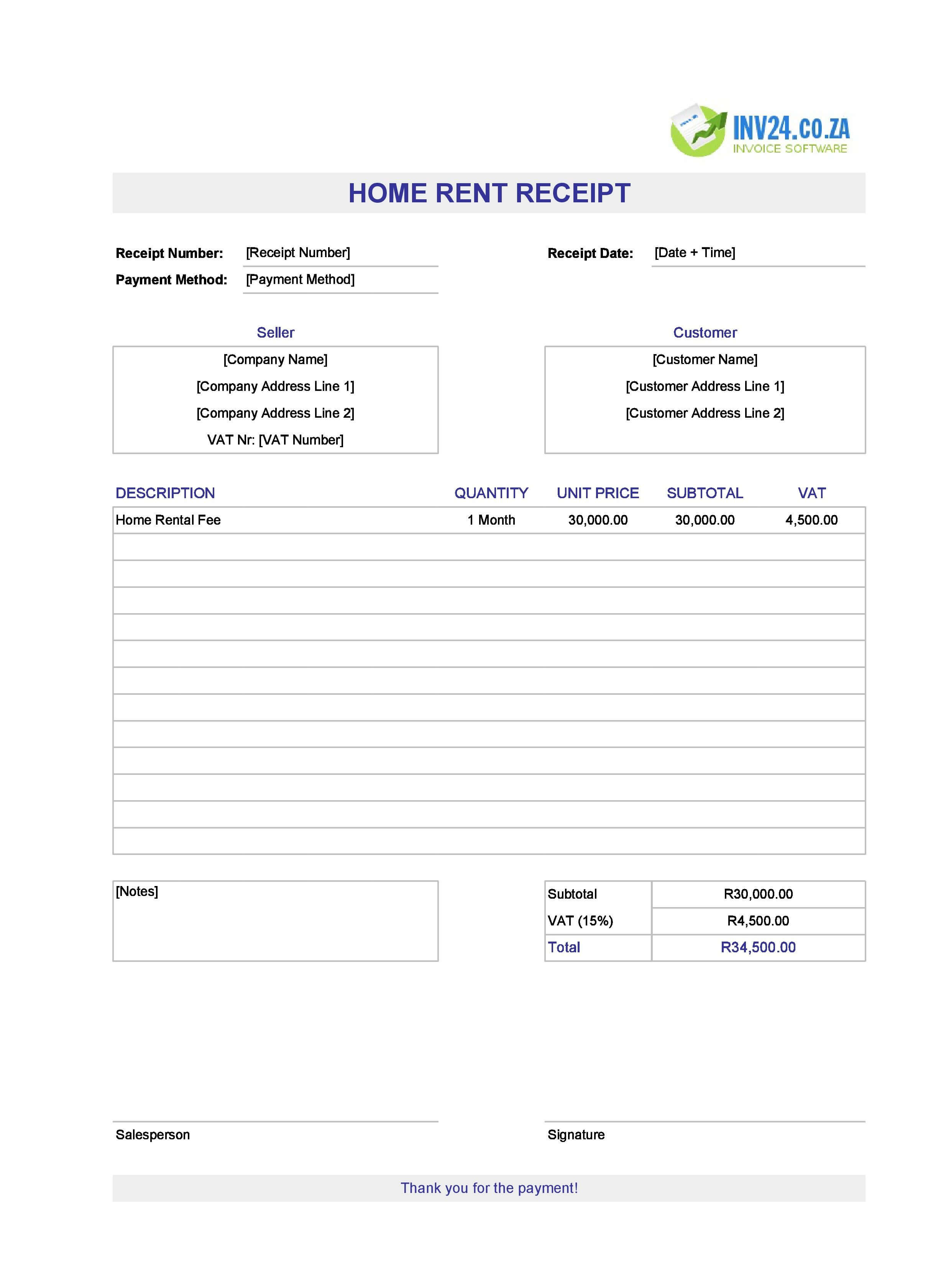 Home Rent Receipt Template for South Africa (Excel / Google Sheets)