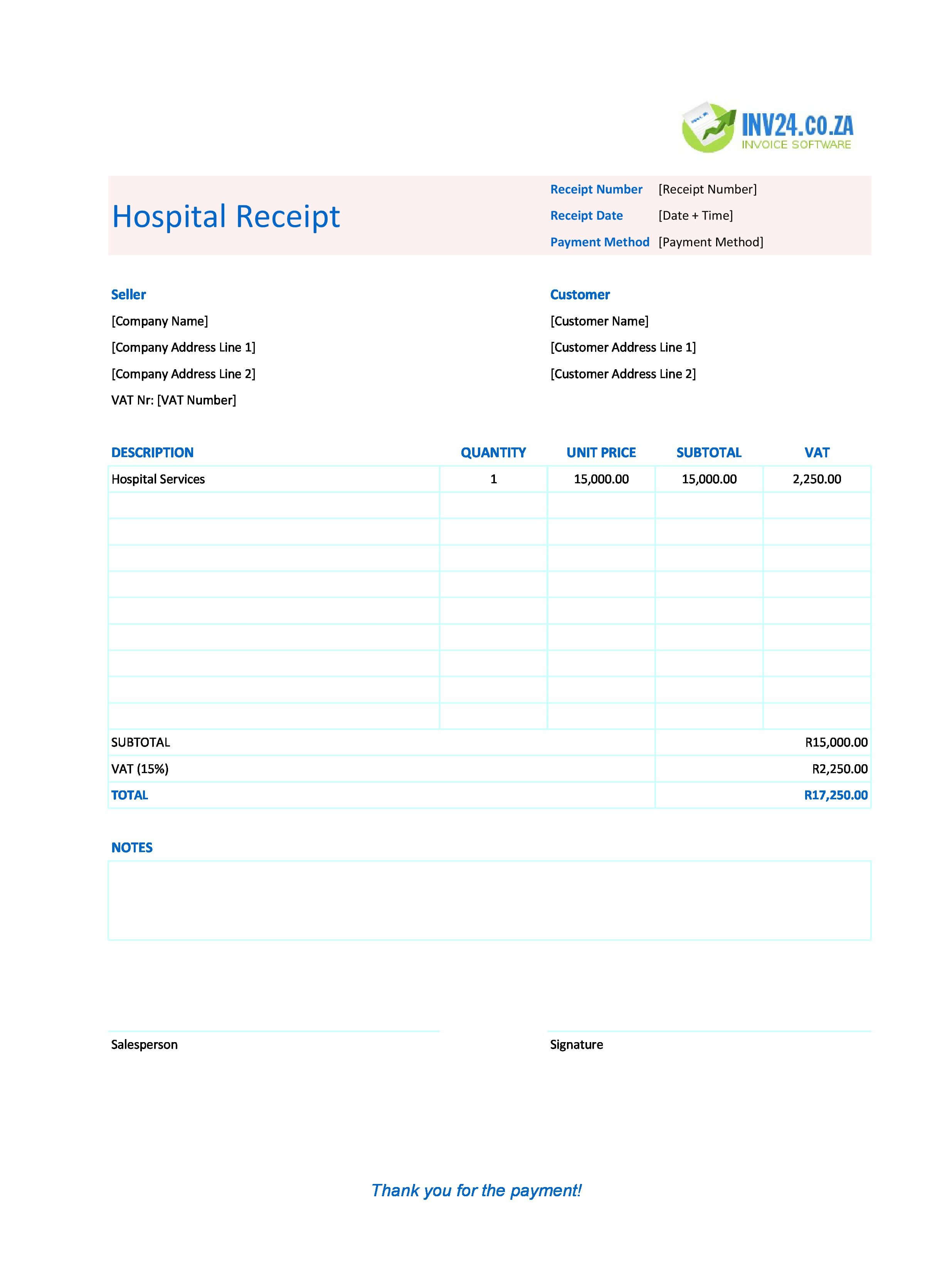 Hospital Receipt Template for South Africa (Excel / Google Sheets)