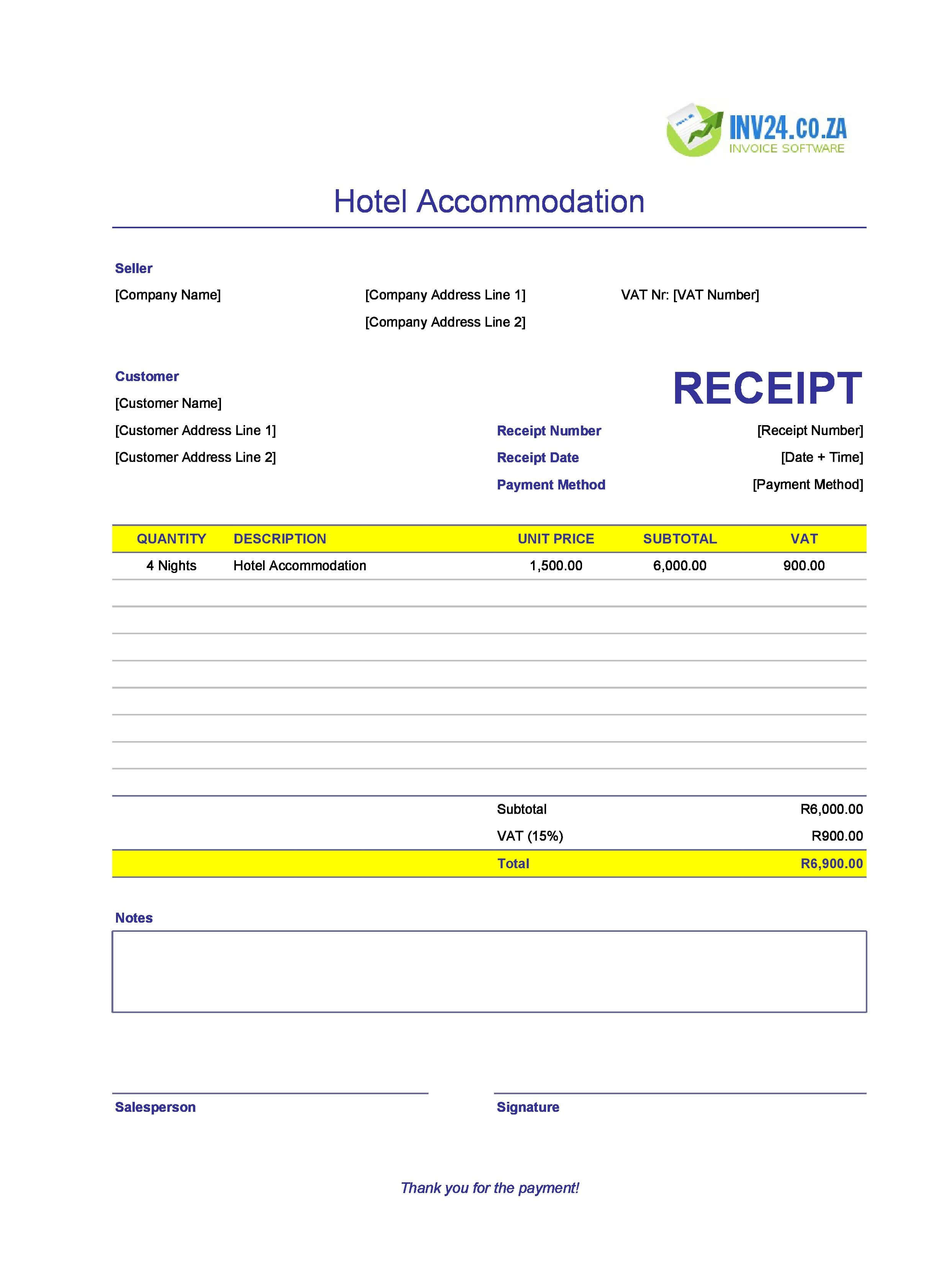 Hotel Accommodation Receipt Template for South Africa (Excel / Google Sheets)