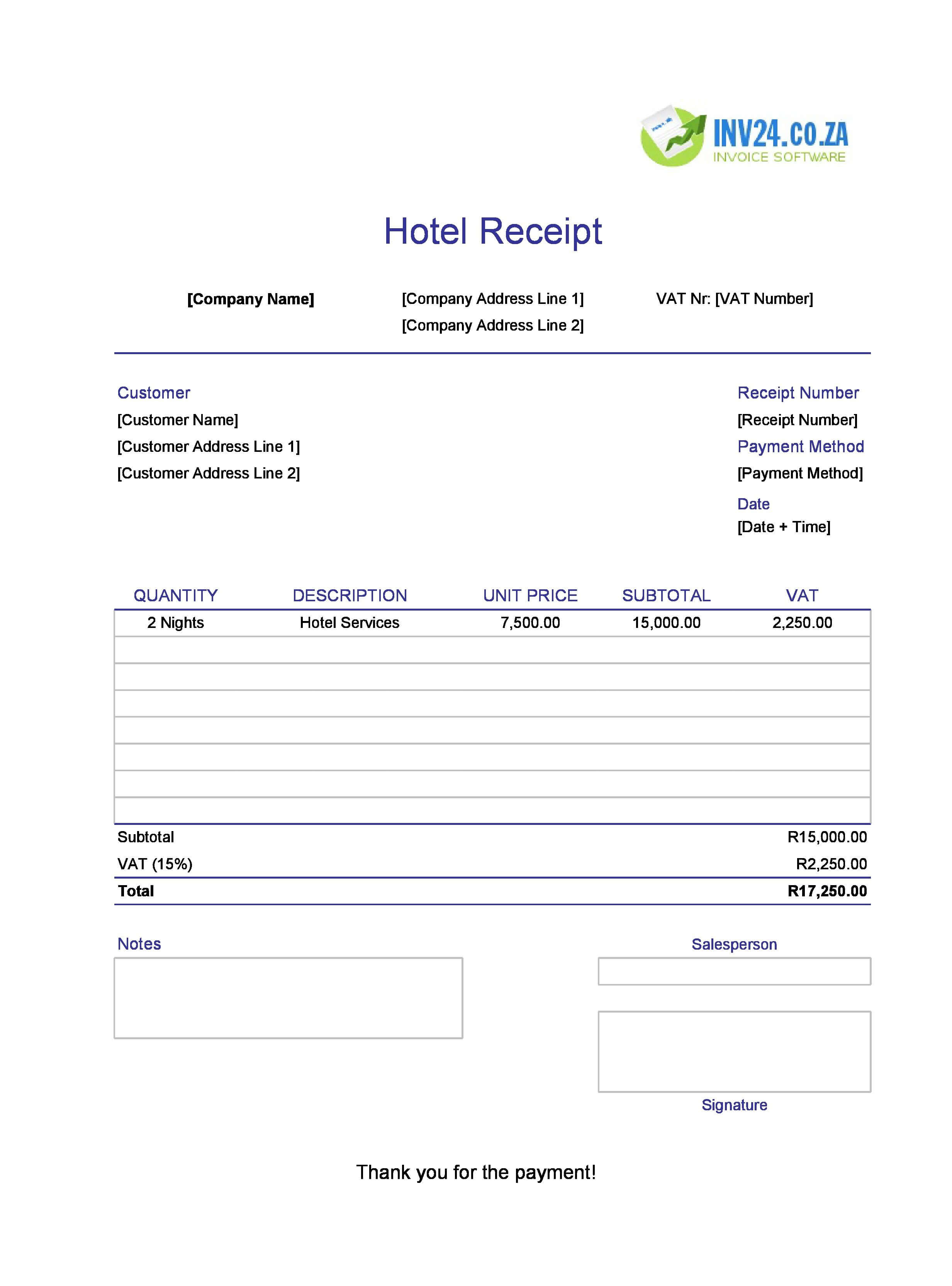 Hotel Receipt Template for South Africa (Excel / Google Sheets)