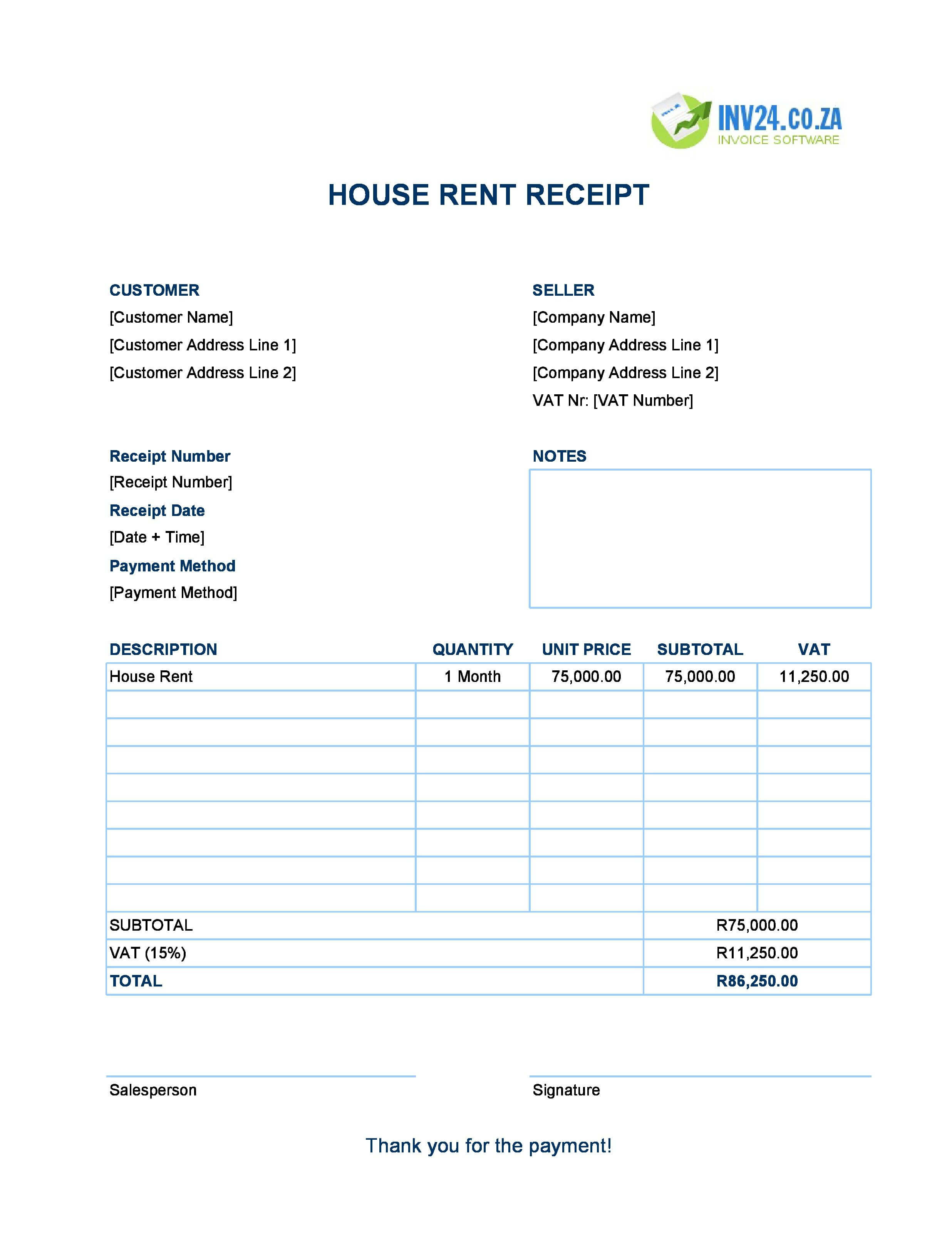 House Rent Receipt Template for South Africa (Excel / Google Sheets)