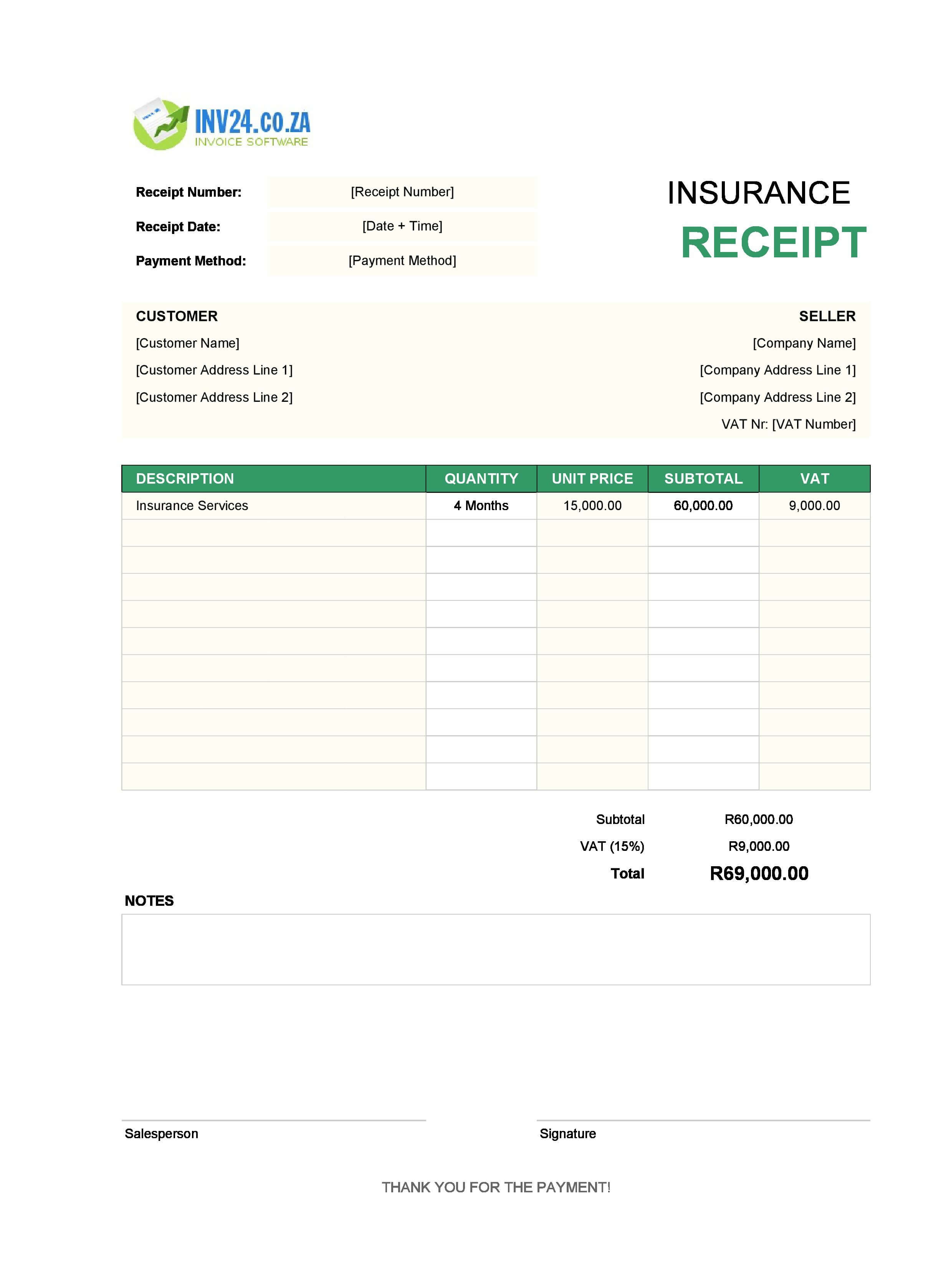 Insurance Receipt Template for South Africa (Excel / Google Sheets)