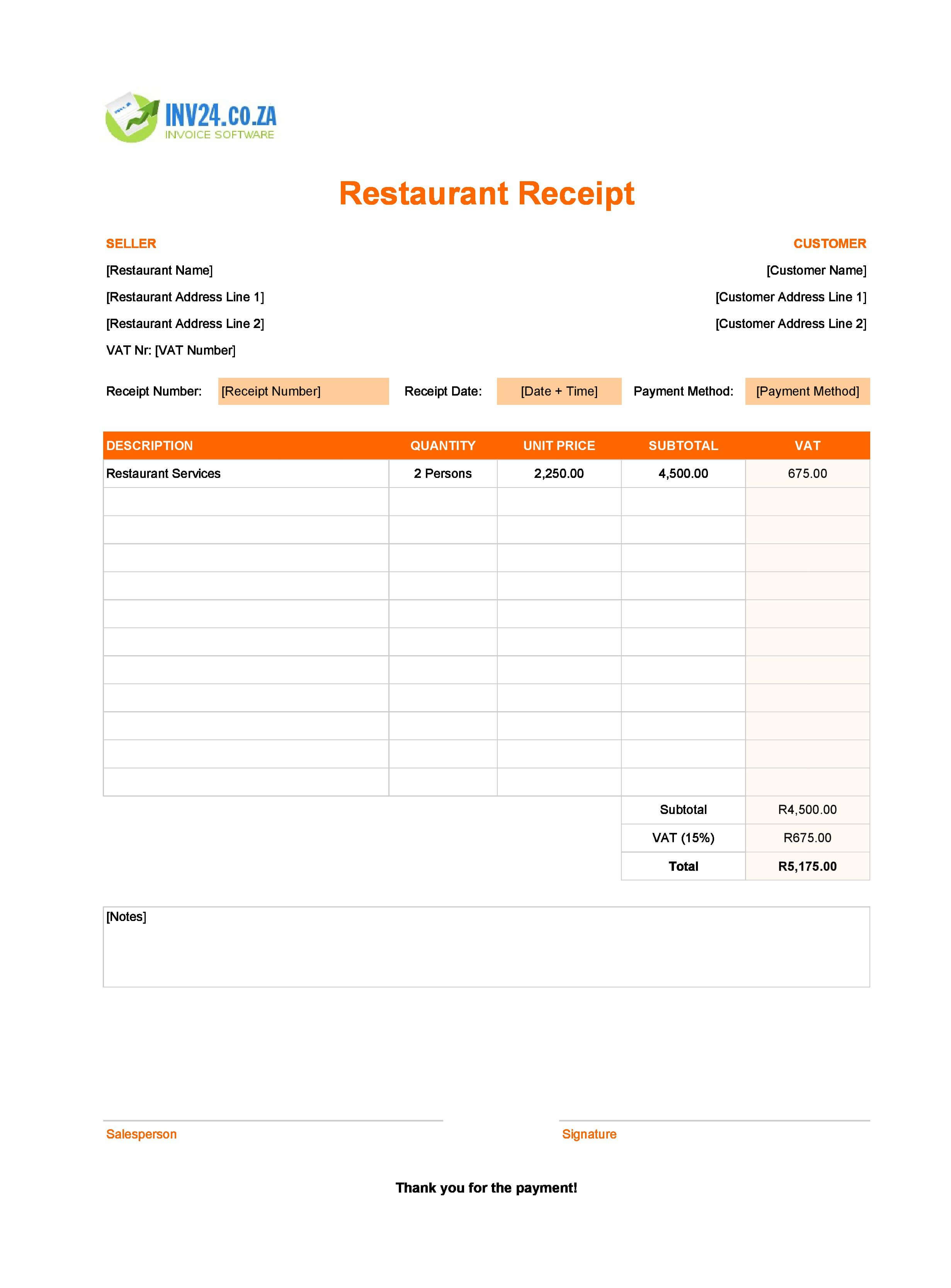 Itemized Restaurant Receipt Template for South Africa (Excel / Google Sheets)