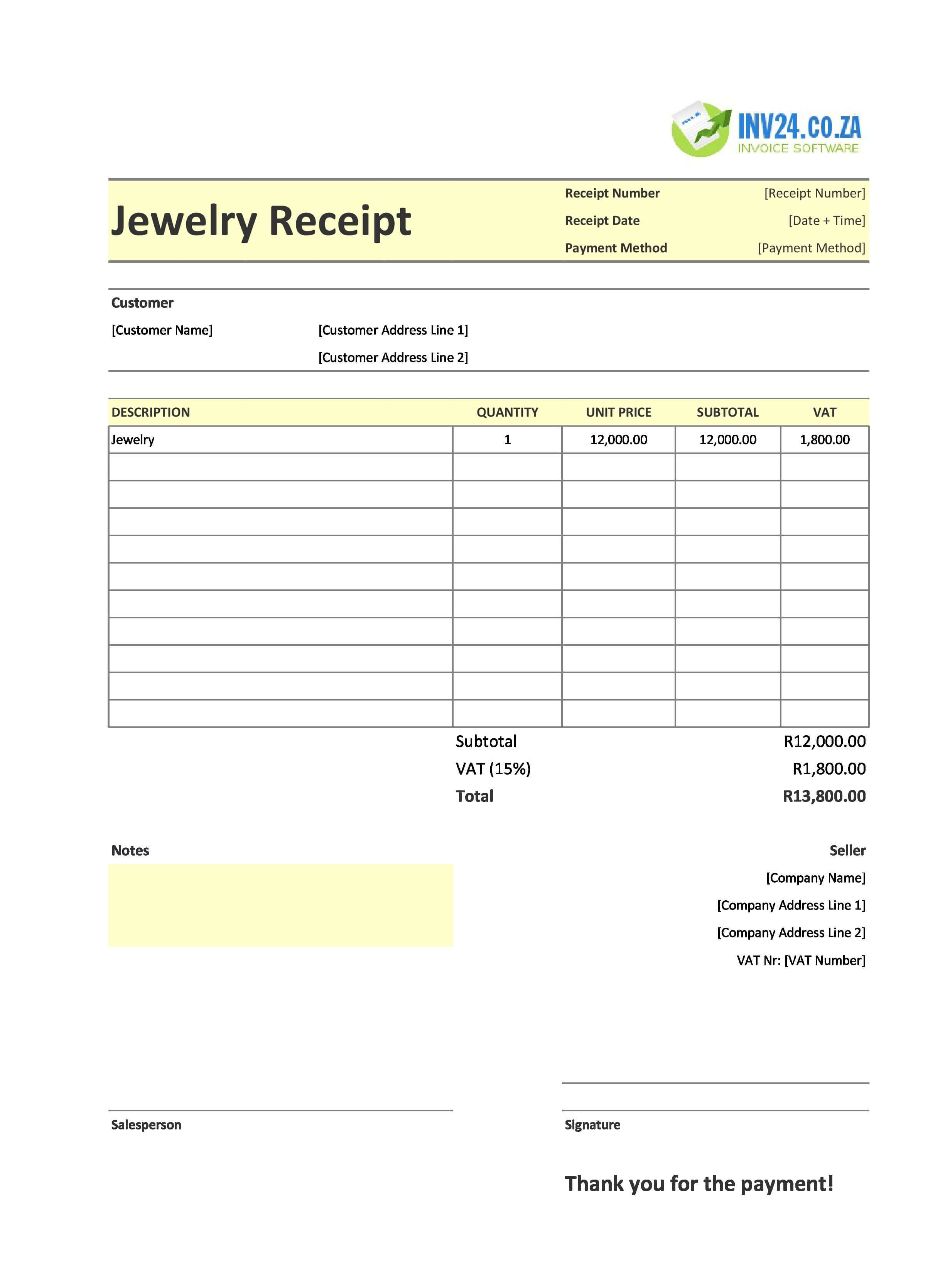 Jewelry Receipt Template for South Africa (Excel / Google Sheets)
