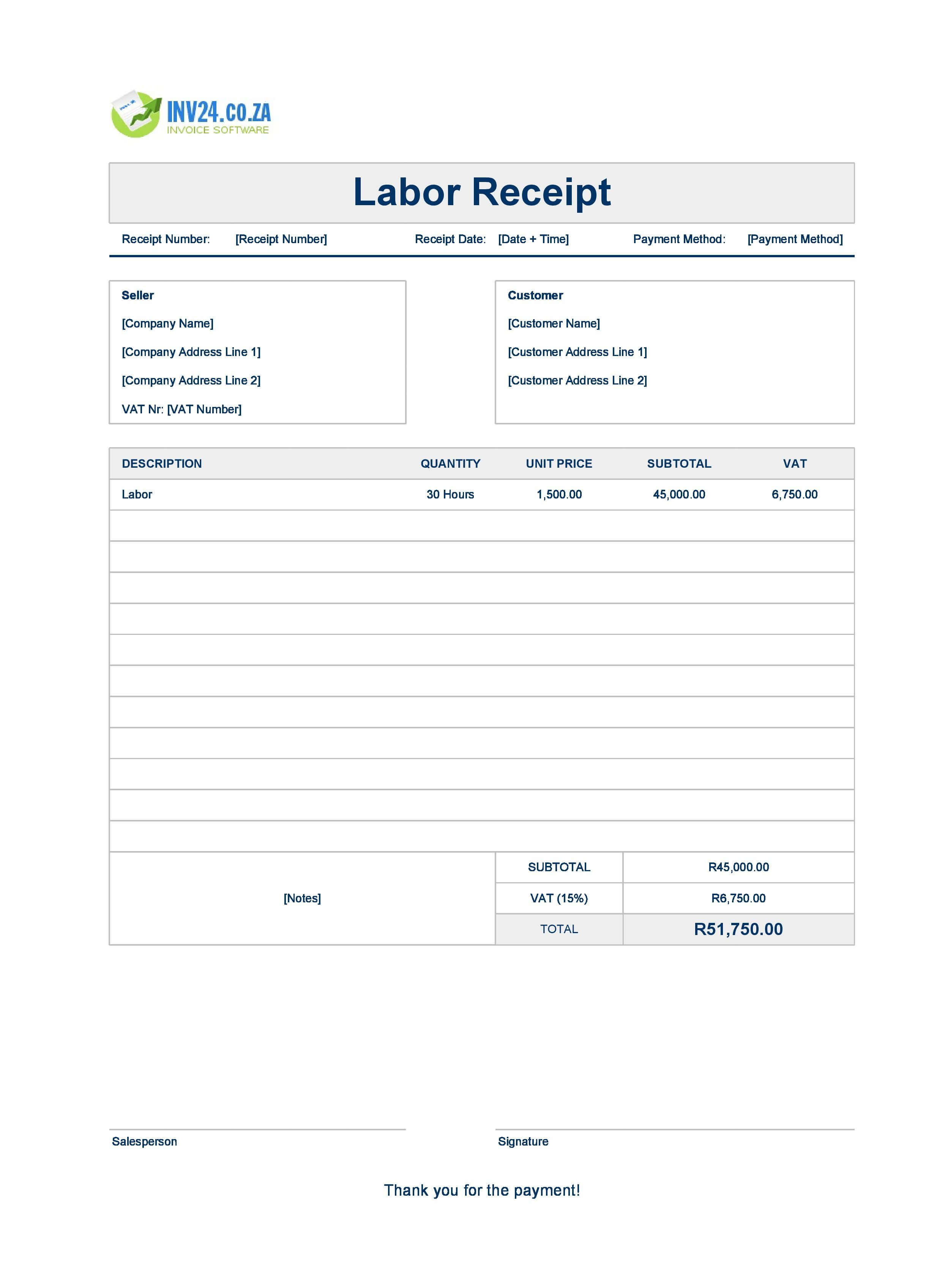 Labor Receipt Template for South Africa (Excel / Google Sheets)
