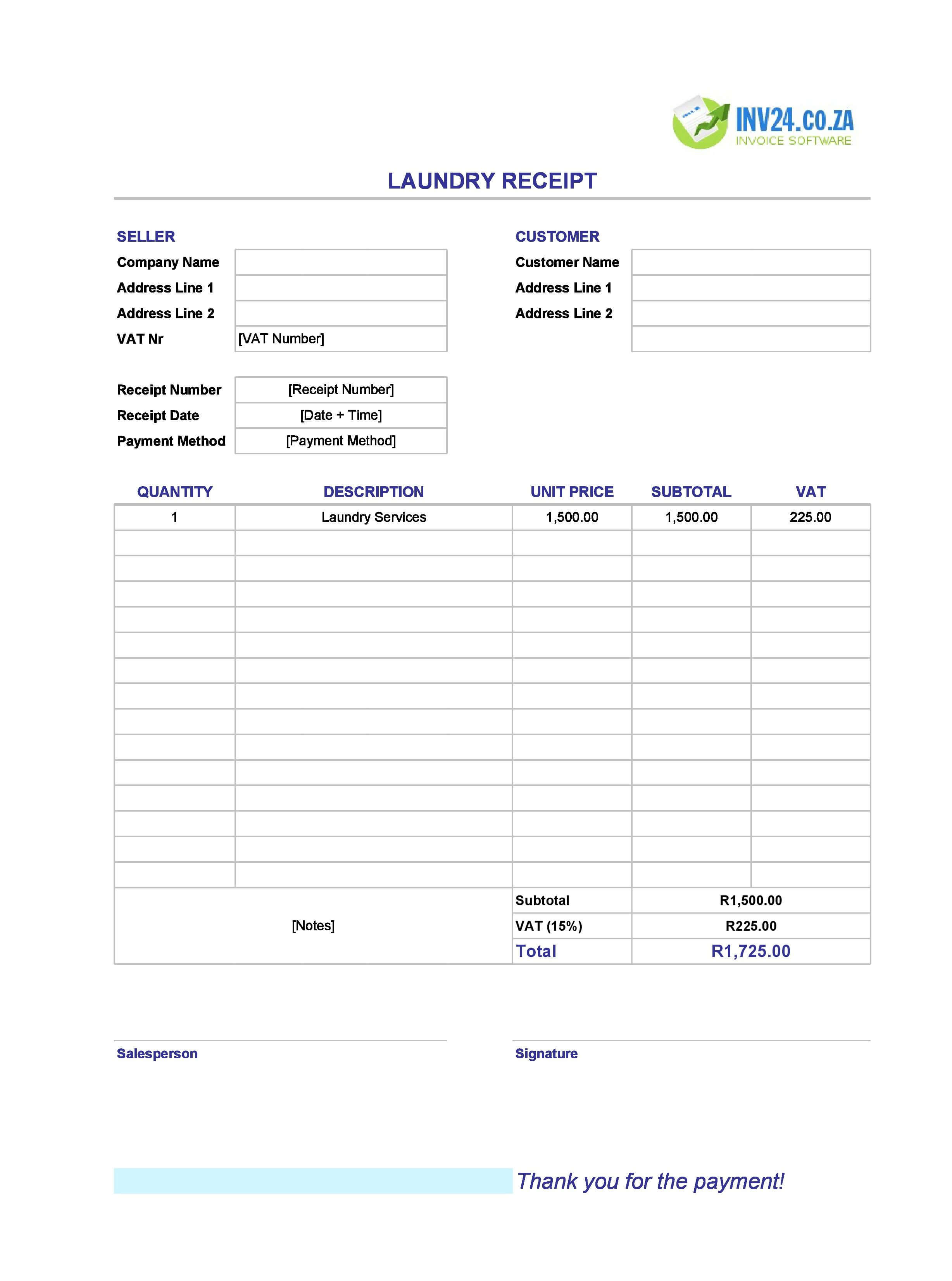 Laundry Receipt Template for South Africa (Excel / Google Sheets)