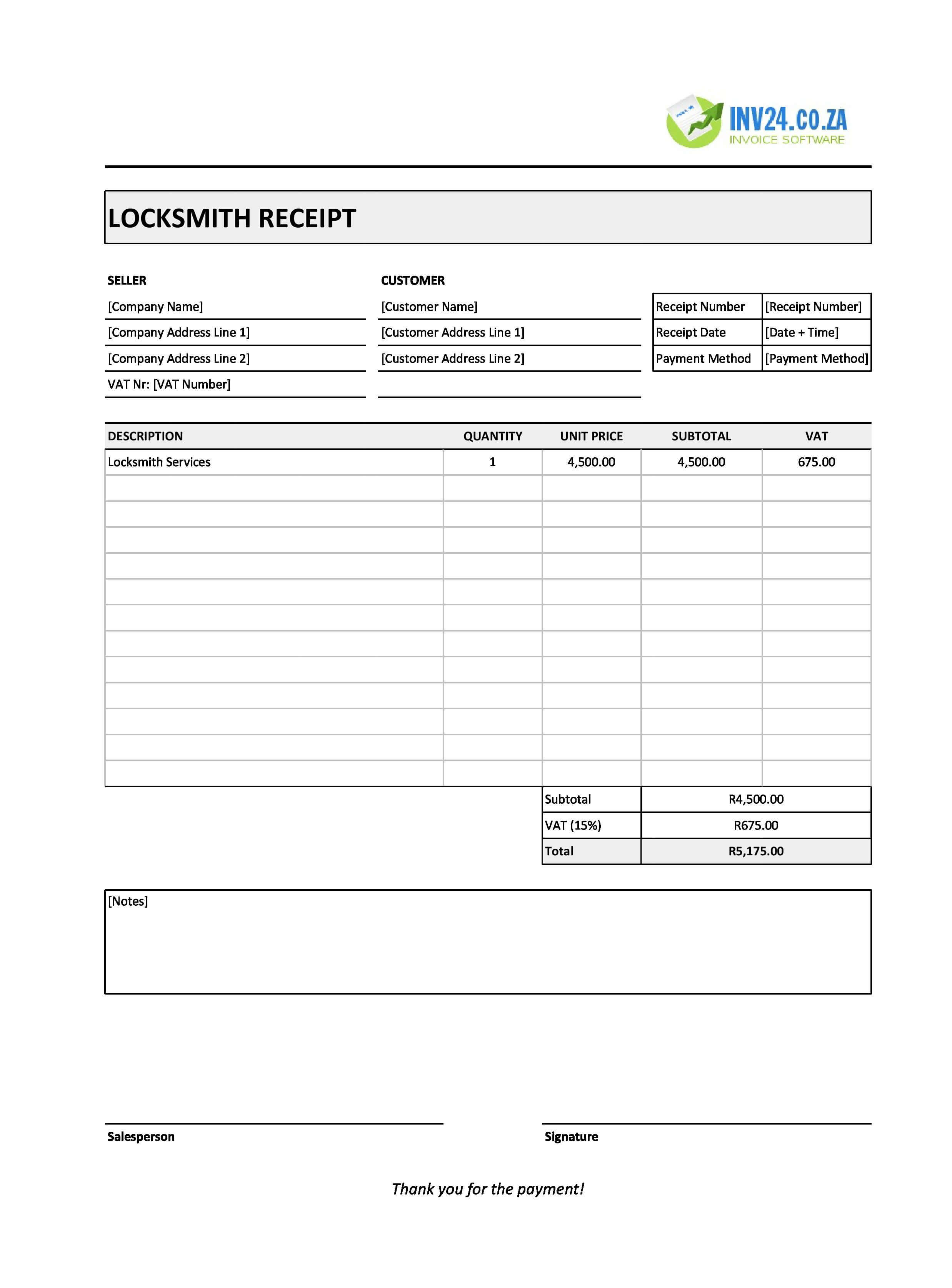Locksmith Receipt Template for South Africa (Excel / Google Sheets)