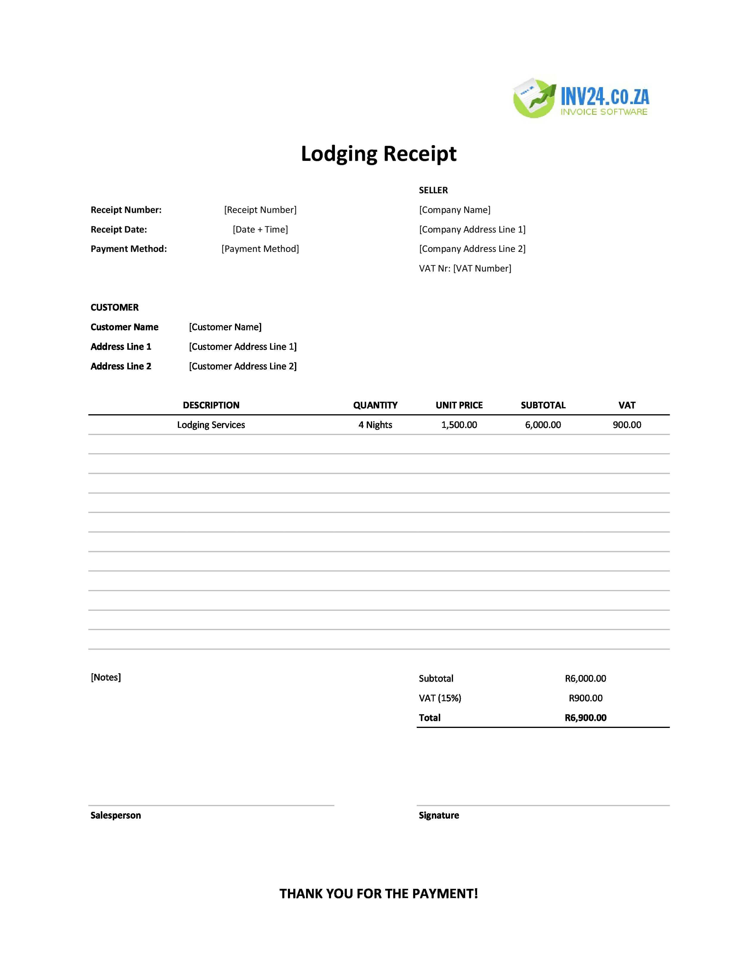 Lodging Receipt Template for South Africa (Excel / Google Sheets)