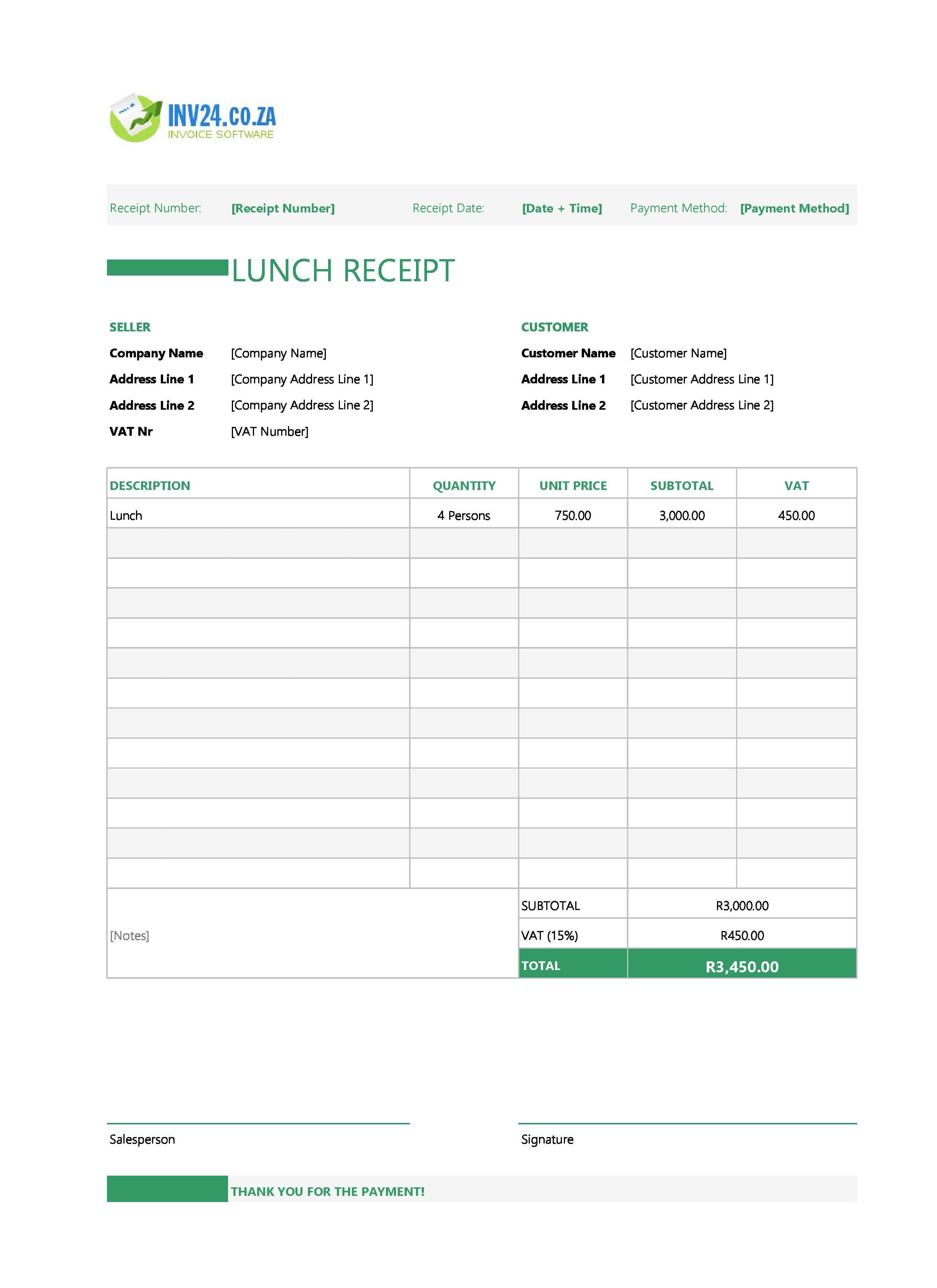 Lunch Receipt Template for South Africa (Excel / Google Sheets)