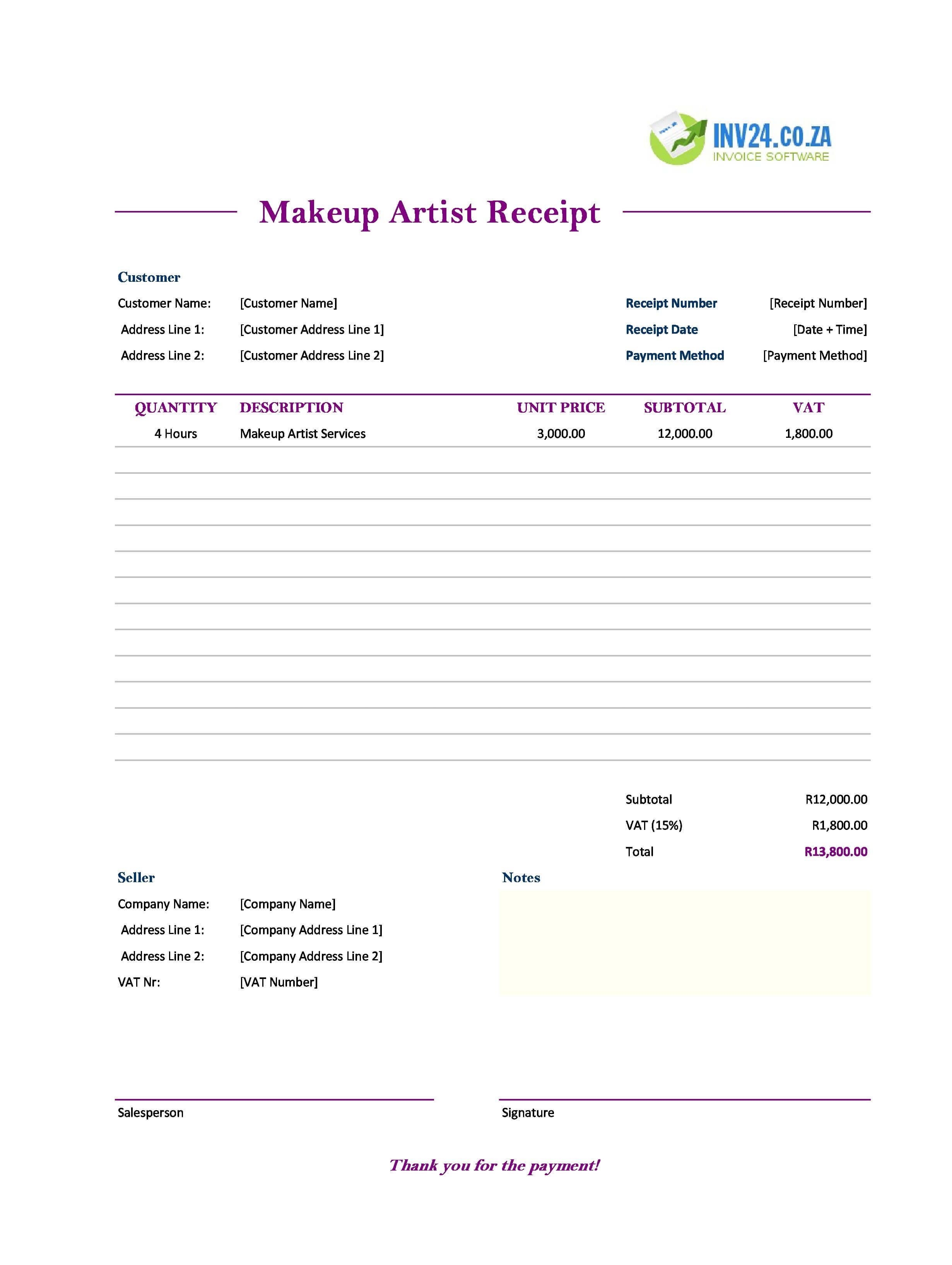 Makeup Artist Receipt Template for South Africa (Excel / Google Sheets)