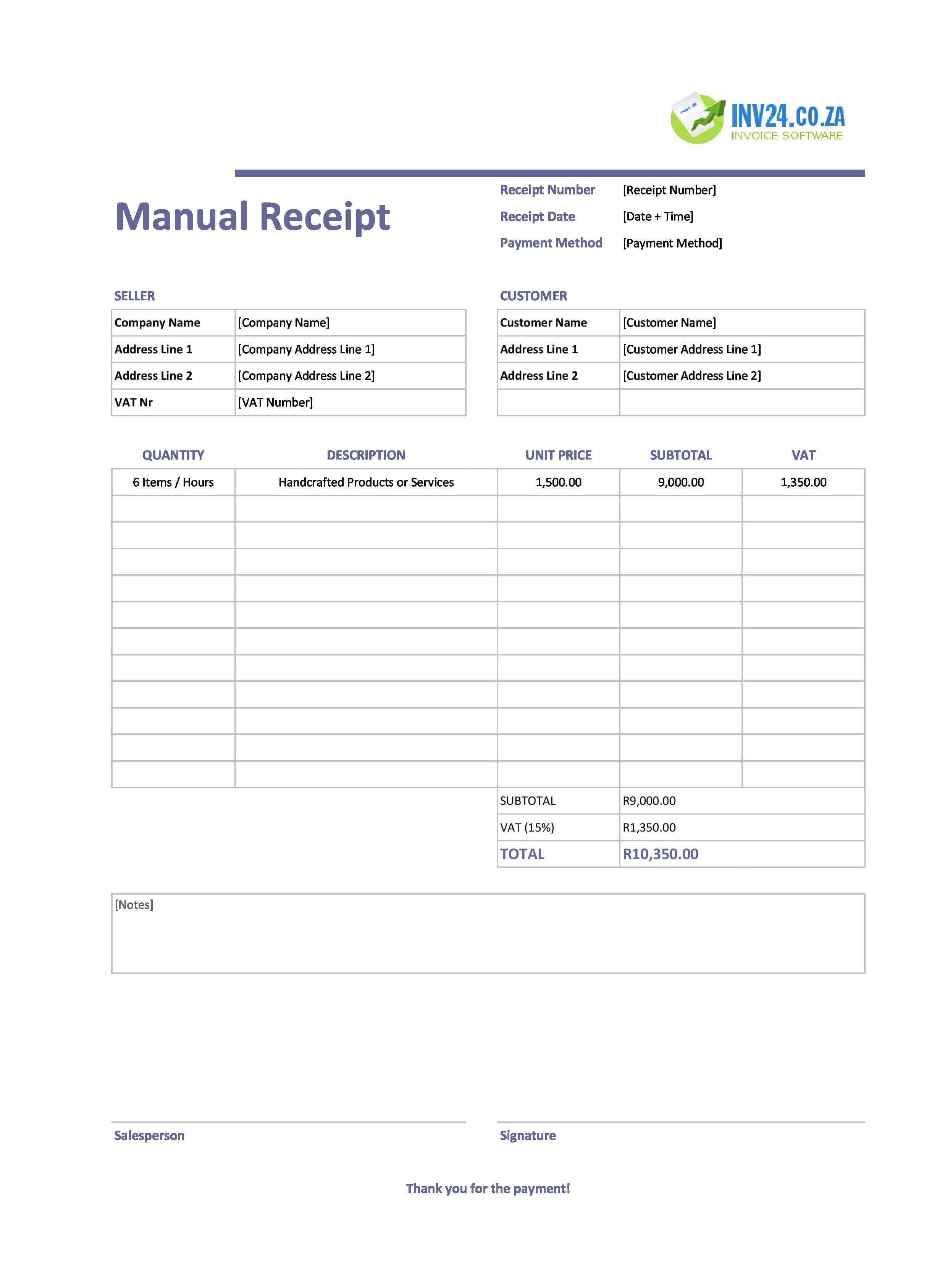 Manual Receipt Template for South Africa (Excel / Google Sheets)