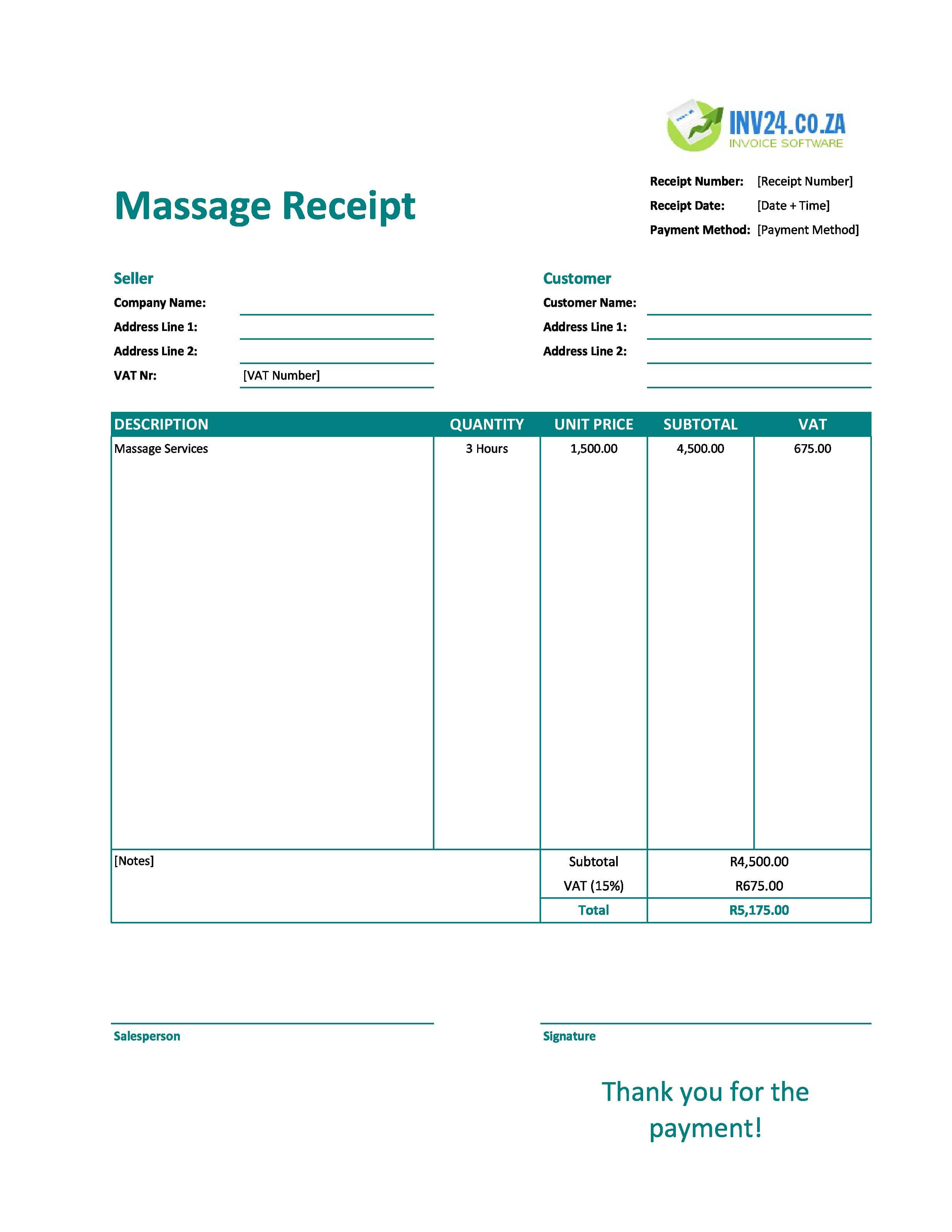 Massage Receipt Template for South Africa (Excel / Google Sheets)