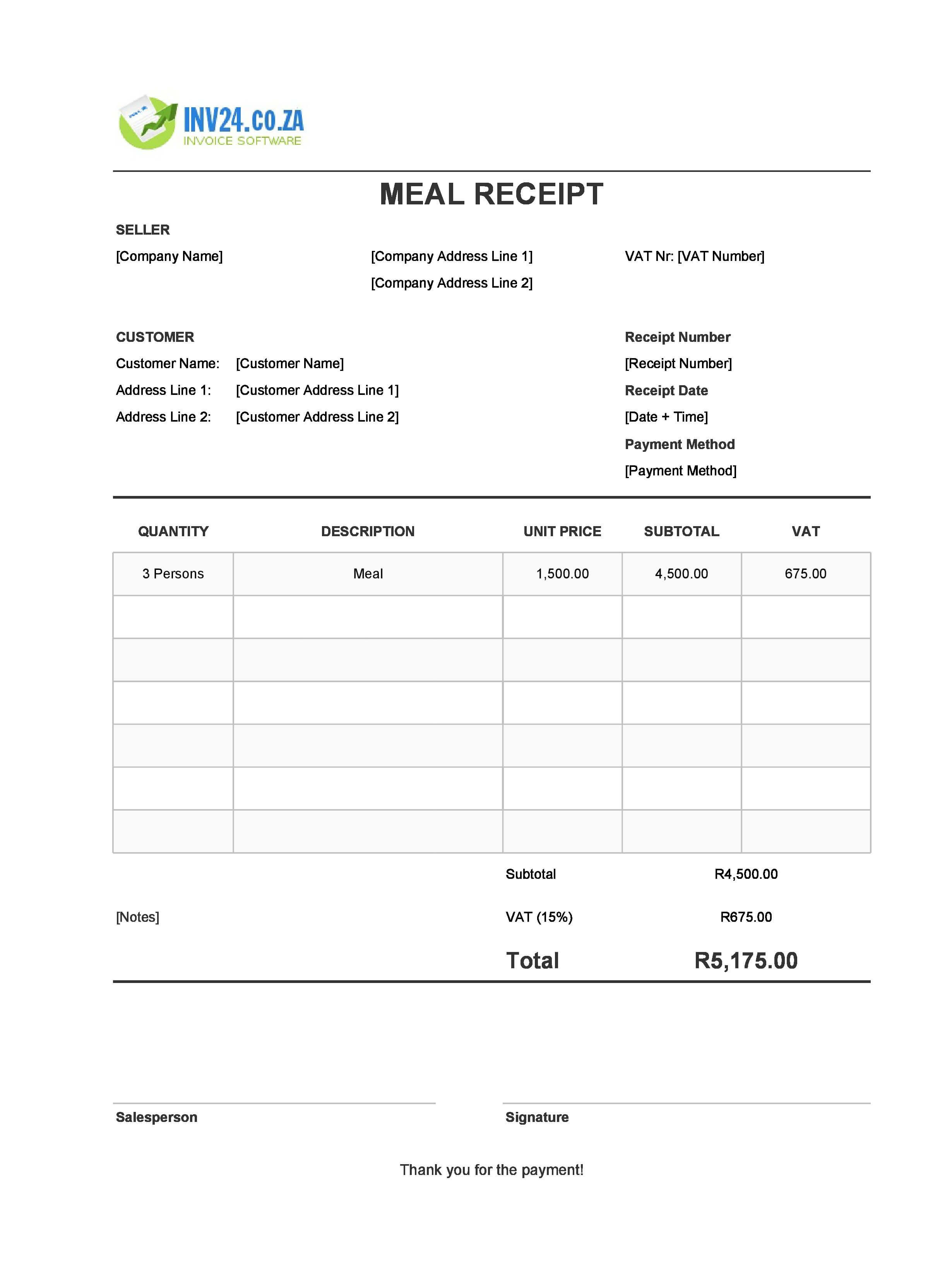 Meal Receipt Template for South Africa (Excel / Google Sheets)