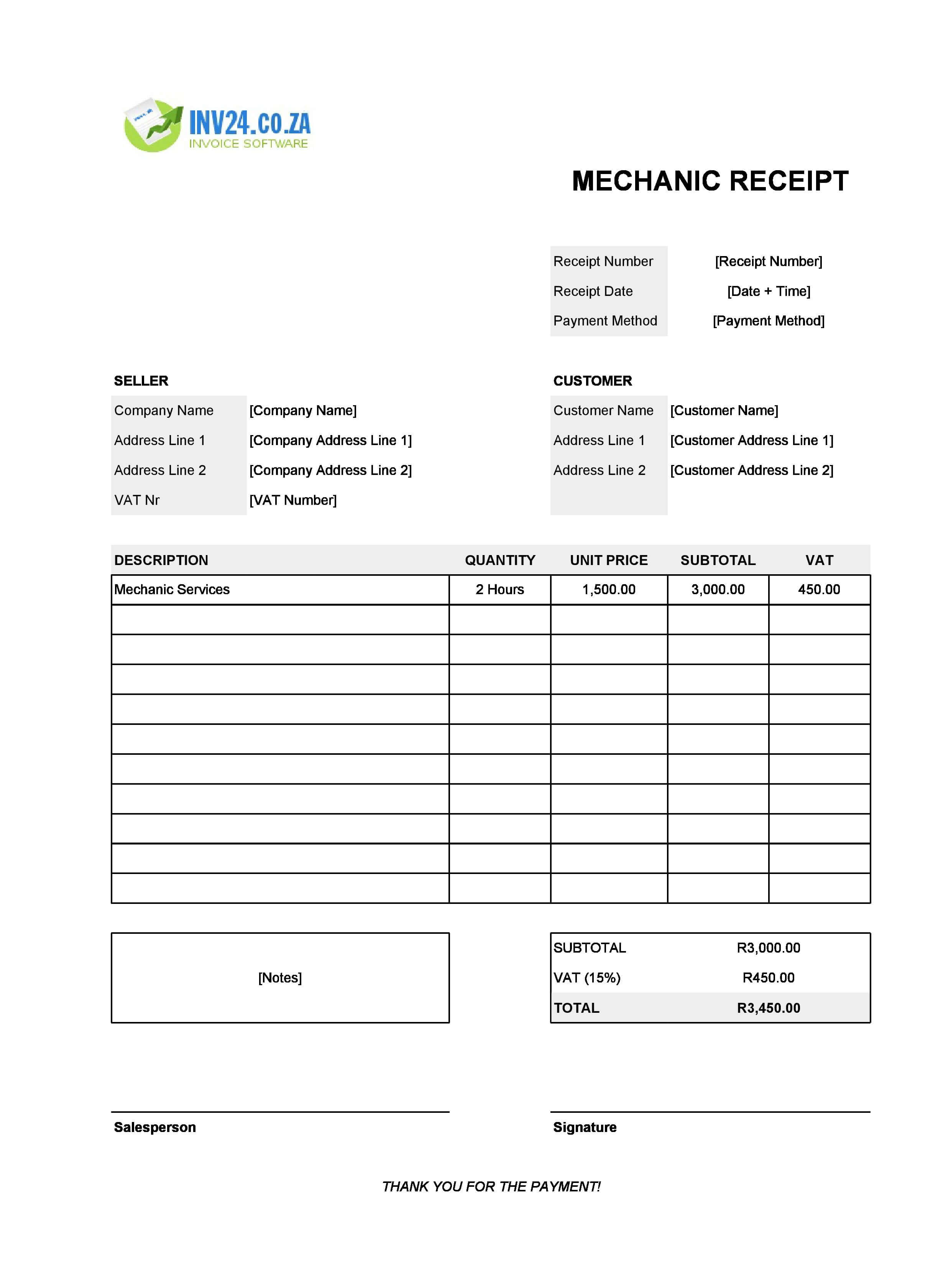 Mechanic Receipt Template for South Africa (Excel / Google Sheets)
