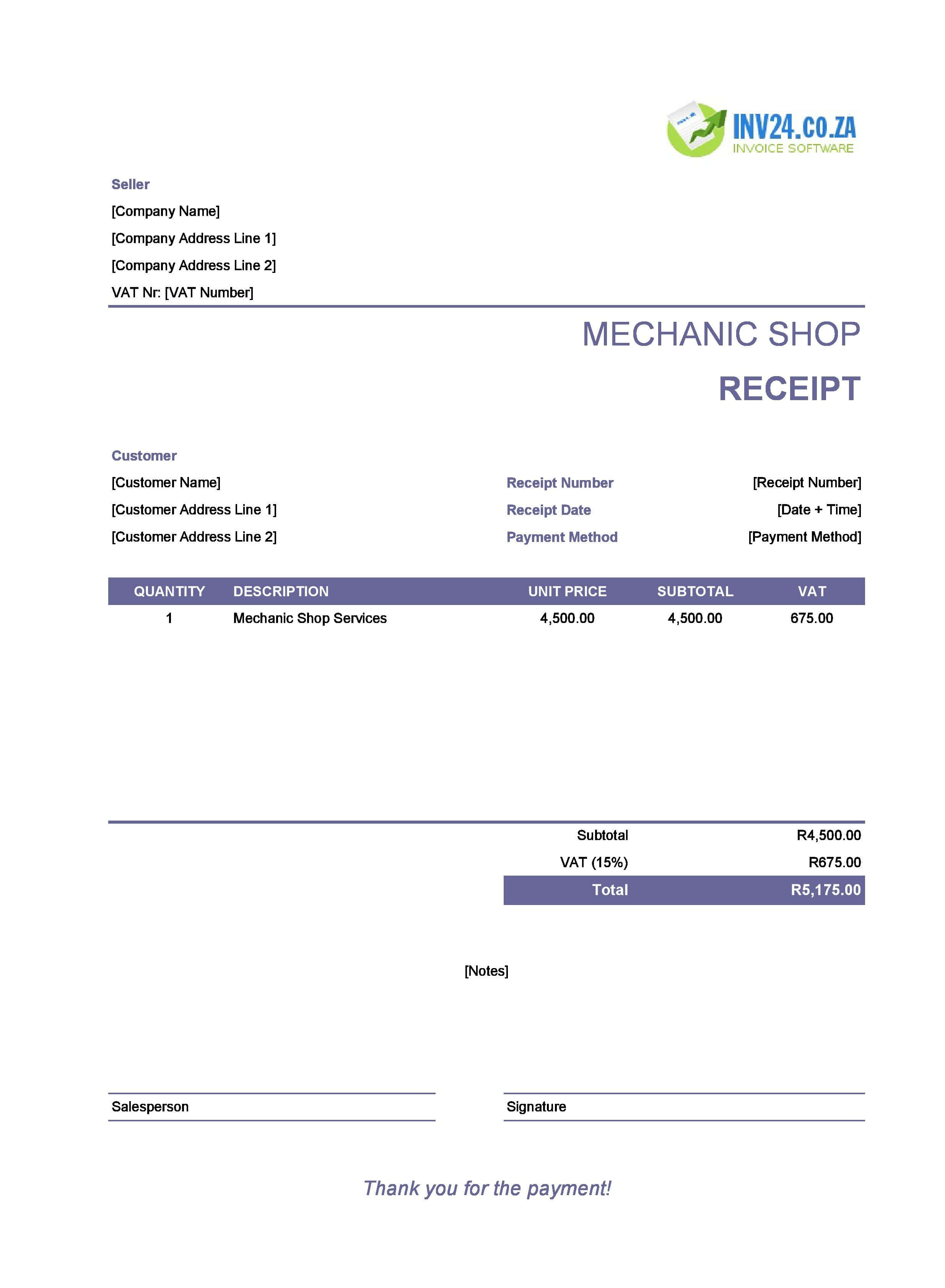 Mechanic Shop Receipt Template for South Africa (Excel / Google Sheets)