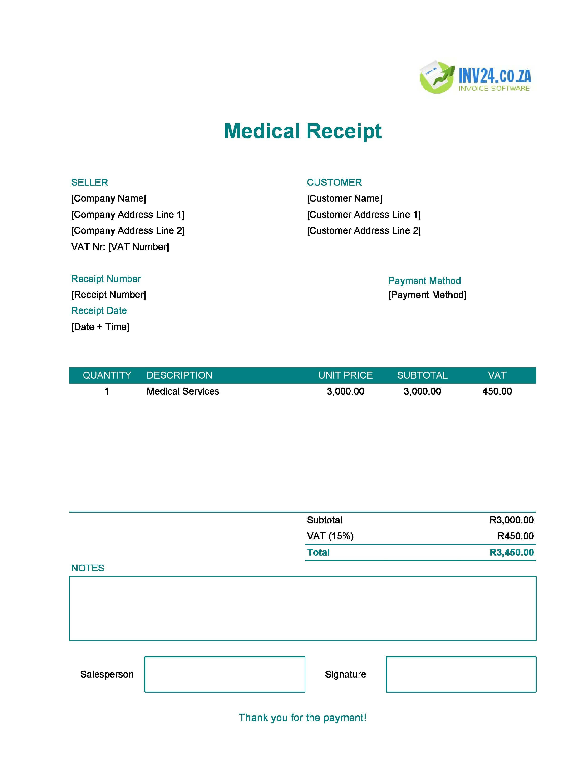 Medical Receipt Template for South Africa (Excel / Google Sheets)