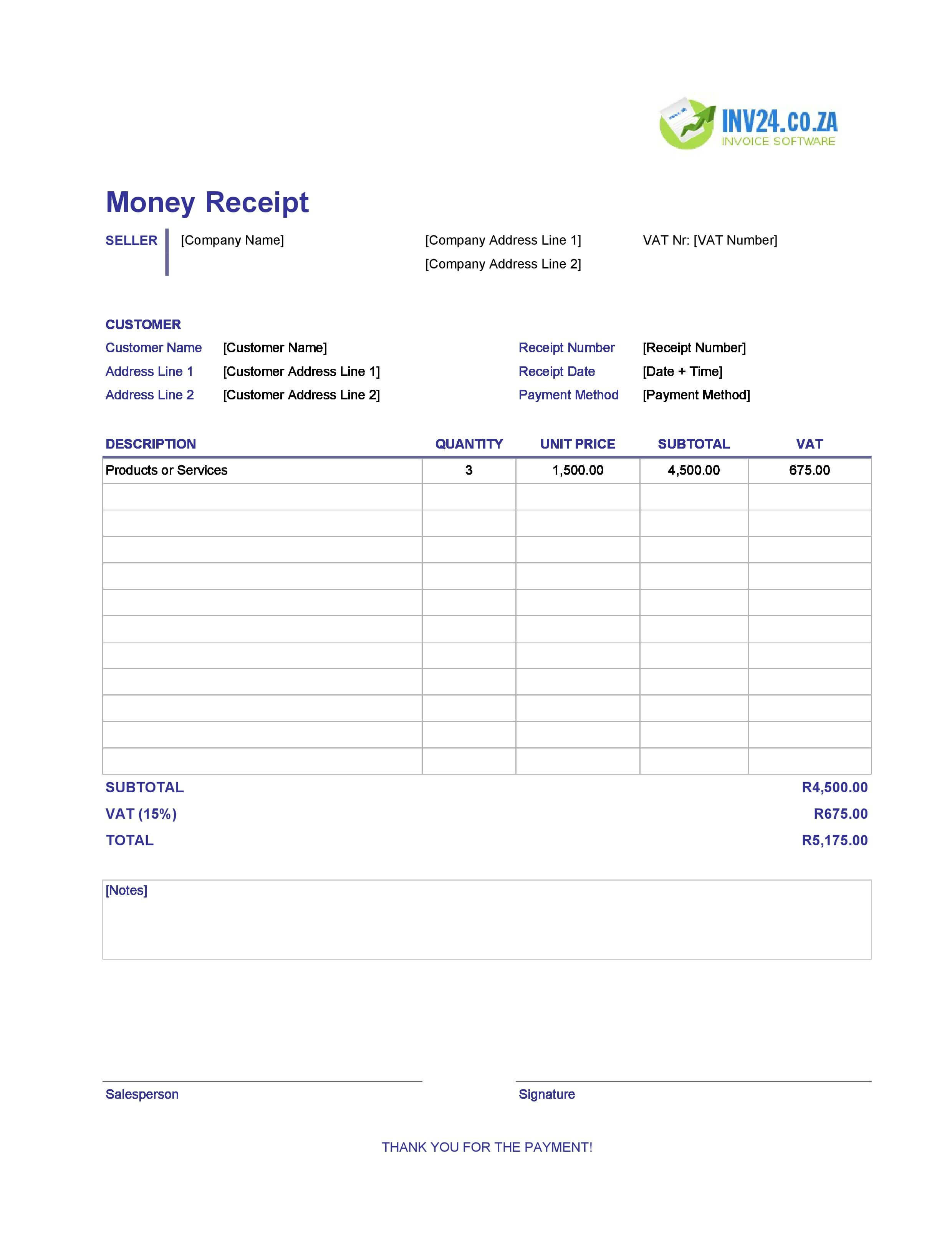 Money Receipt Template for South Africa (Excel / Google Sheets)